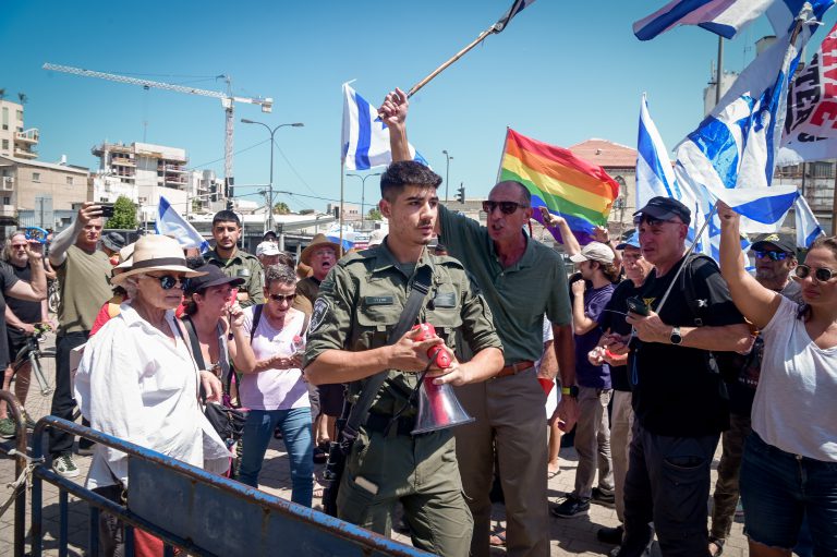 The protesters outside the station