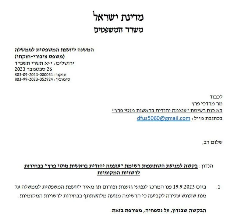 The Attorney General is examining the disqualification of the Otzma Yehudit list