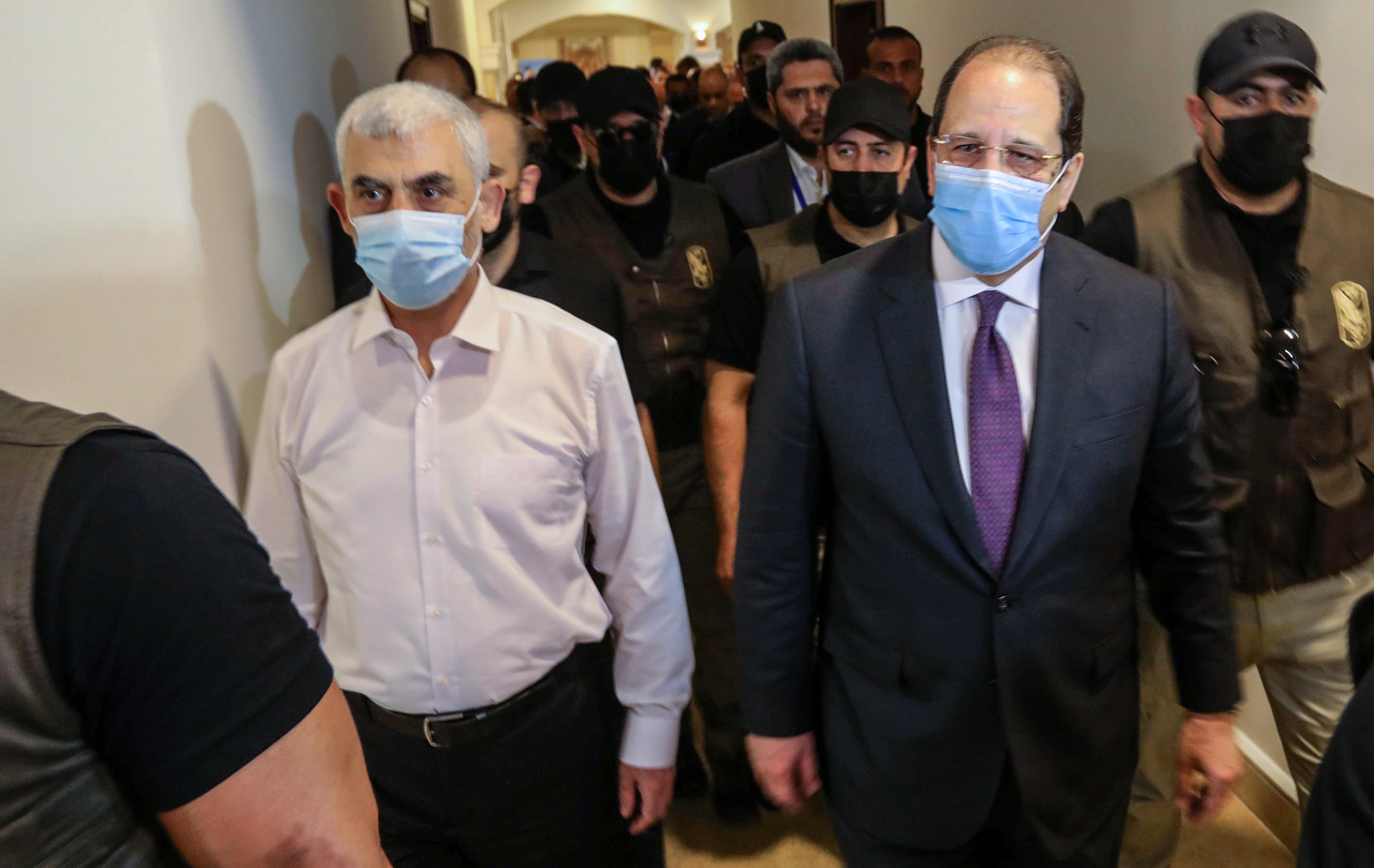 Yahya Sinwar, Hamas' political chief in Gaza, meets with General Abbas Kamel, Egypt's intelligence chief, as Kamel arrives for a meeting with leaders of Hamas in Gaza City. May 31, 2021.