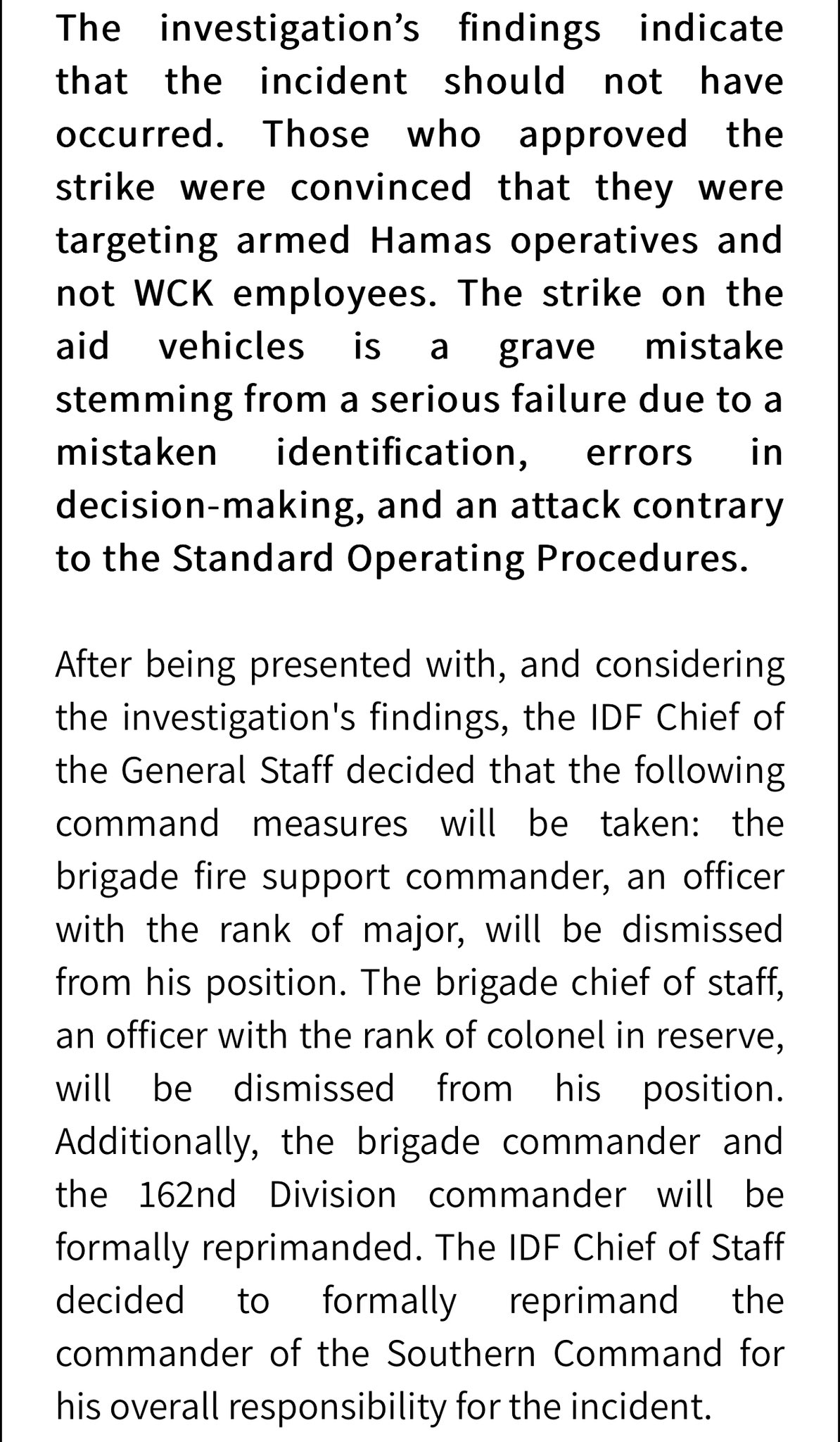 World Central Kitchen incident investigation summary.