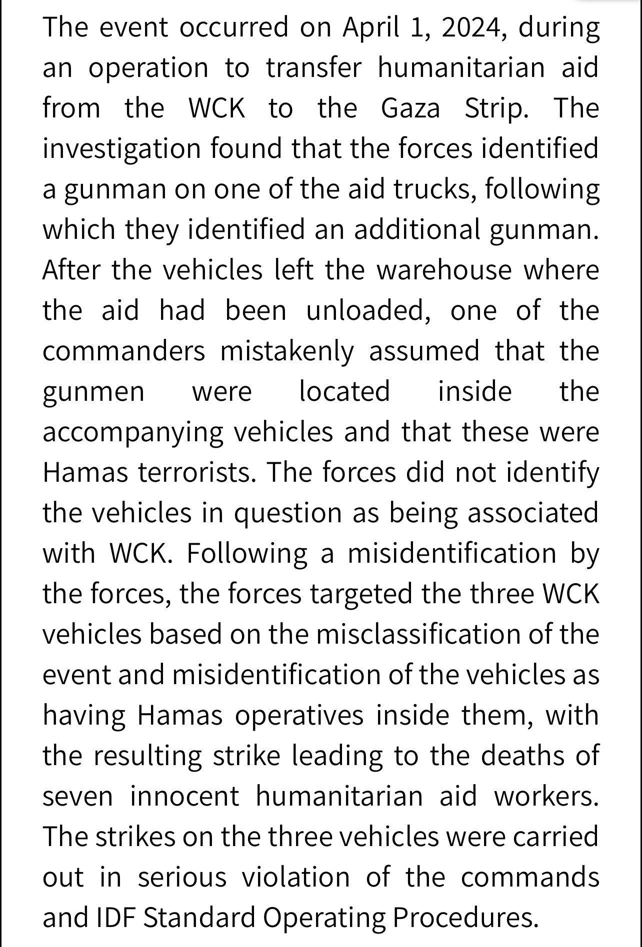 World Central Kitchen incident investigation summary.