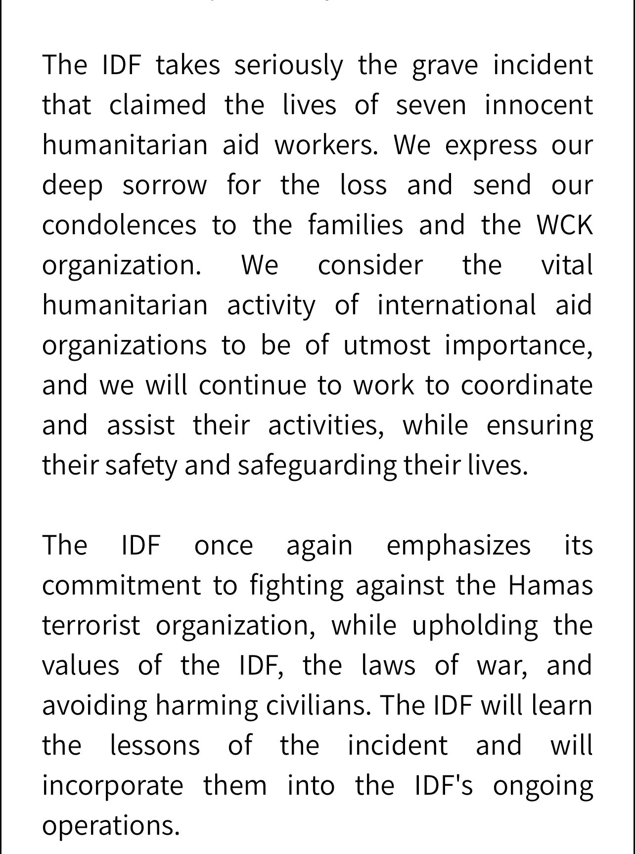 World Central Kitchen incident investigation summary.