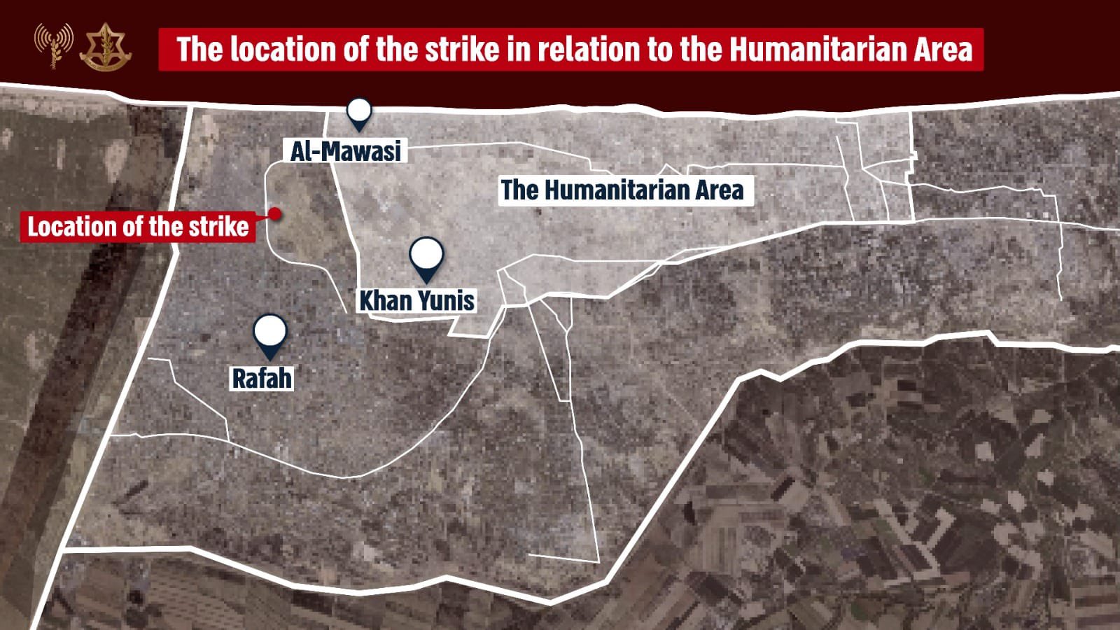IDF infographic of strike relative to the location of the humanitarian zone.