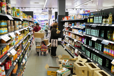 People shop for groceries at a supermarket in Katsrin, Golan Heights, on February 9, 2024.