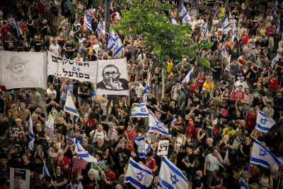 Demonstrators protest against Netanyahu, the current Israeli government and for the release of the hostages outside Hakirya Base in Tel Aviv, July 6, 2024. 