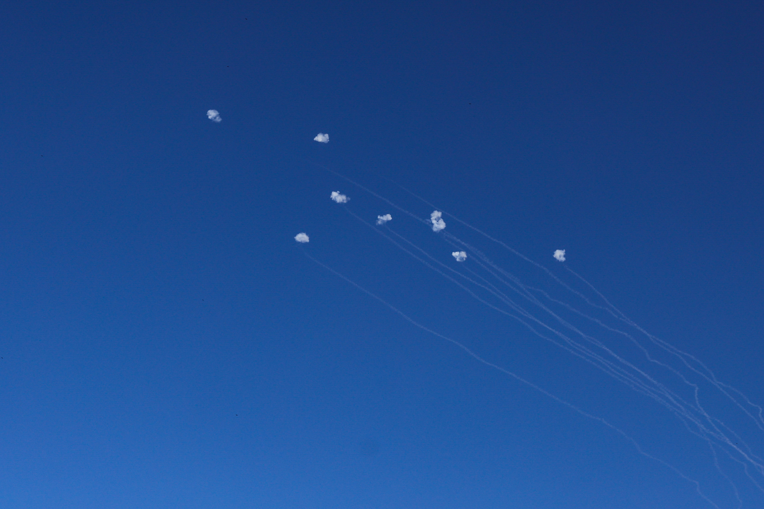 An Israeli anti missile system intercept missiles fired from Lebanon as it seen from Jish, on September 29, 2024. 