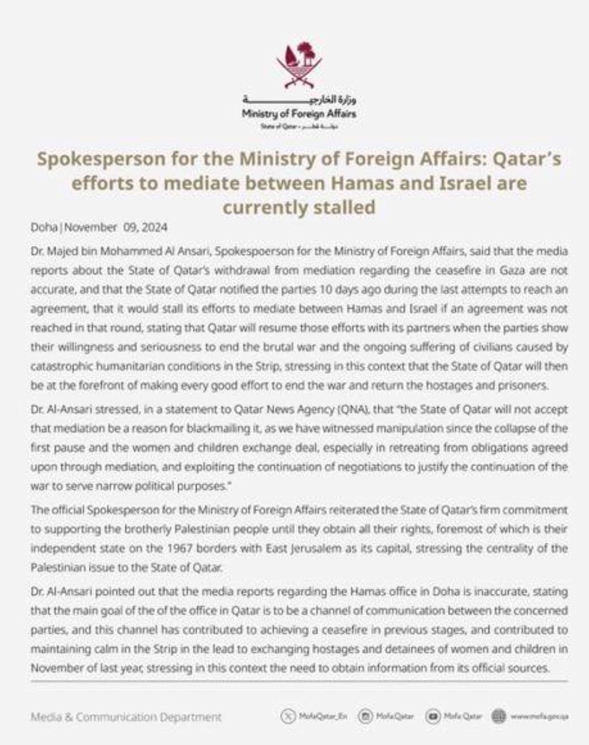 Qatar announces cessation of its role as mediator