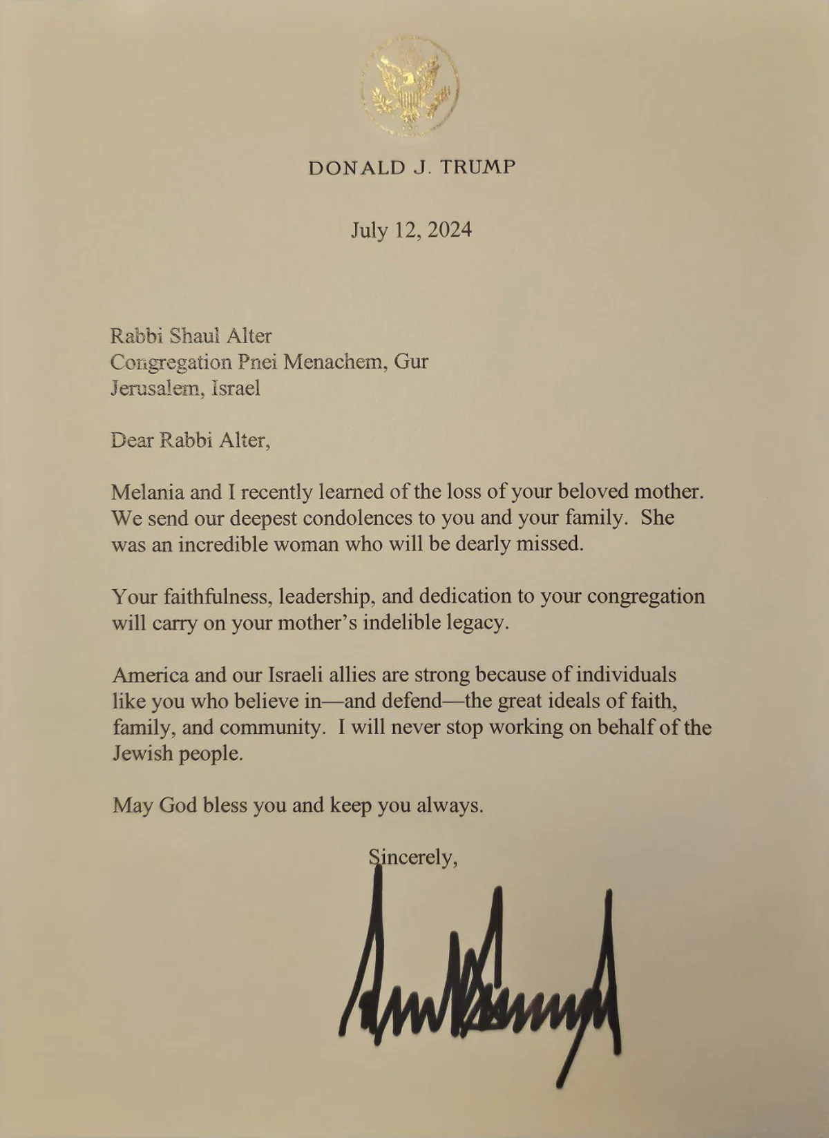 Condolence letter sent by Donald Trump