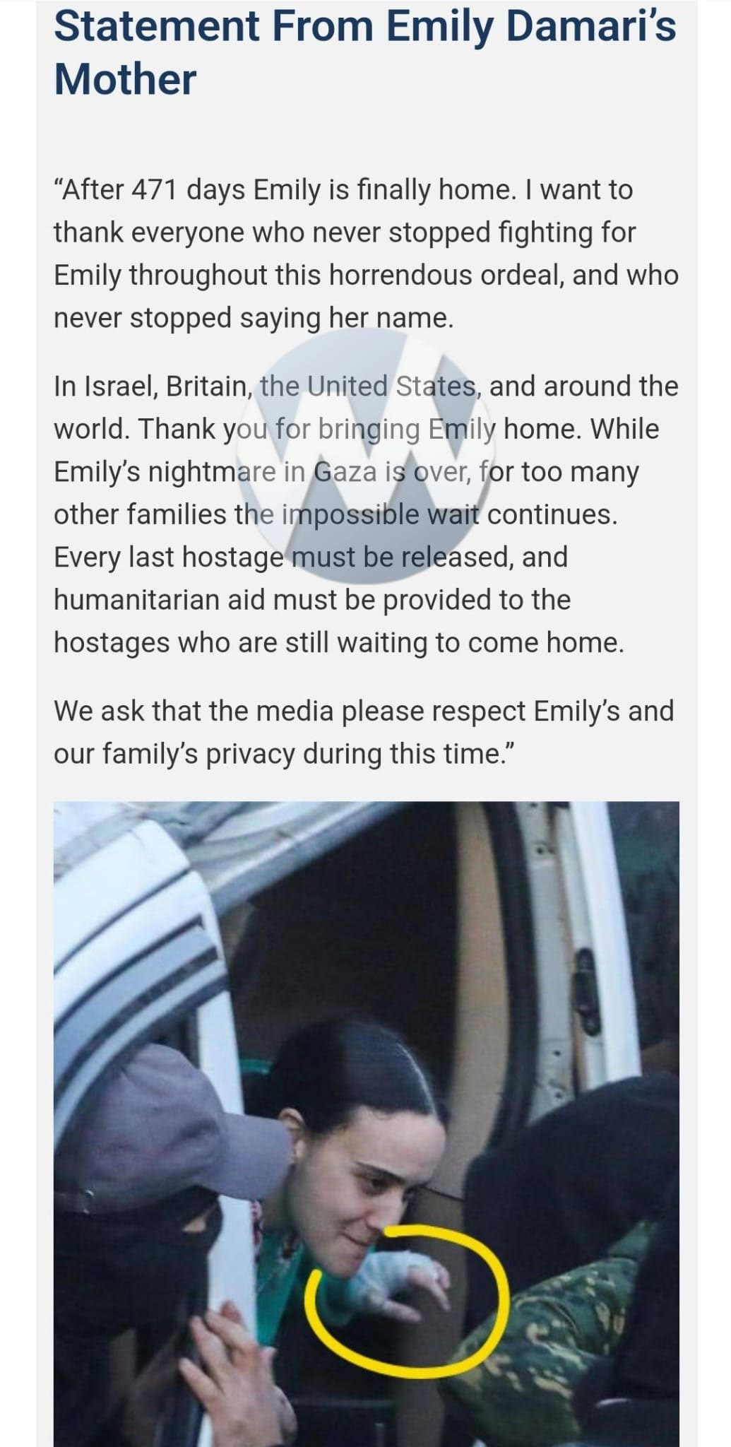 Cleared For Publication: Released Hostage Emily Damari lost 2 fingers during October 7th massacre