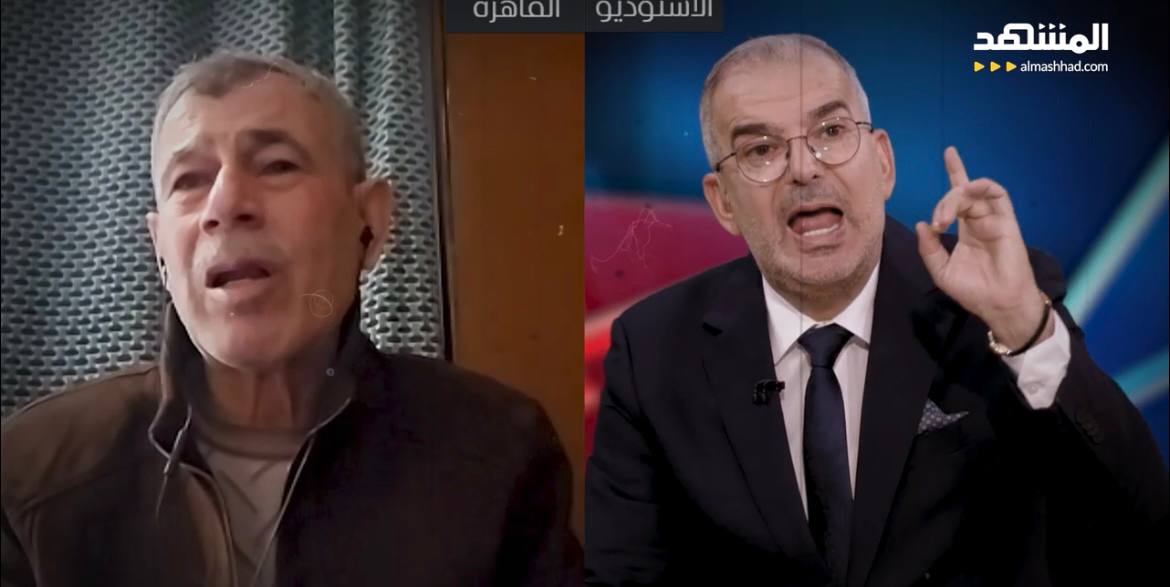 Mohammad al-Tous (left) explains on Arab media why he thinks October 7th was a mistake.