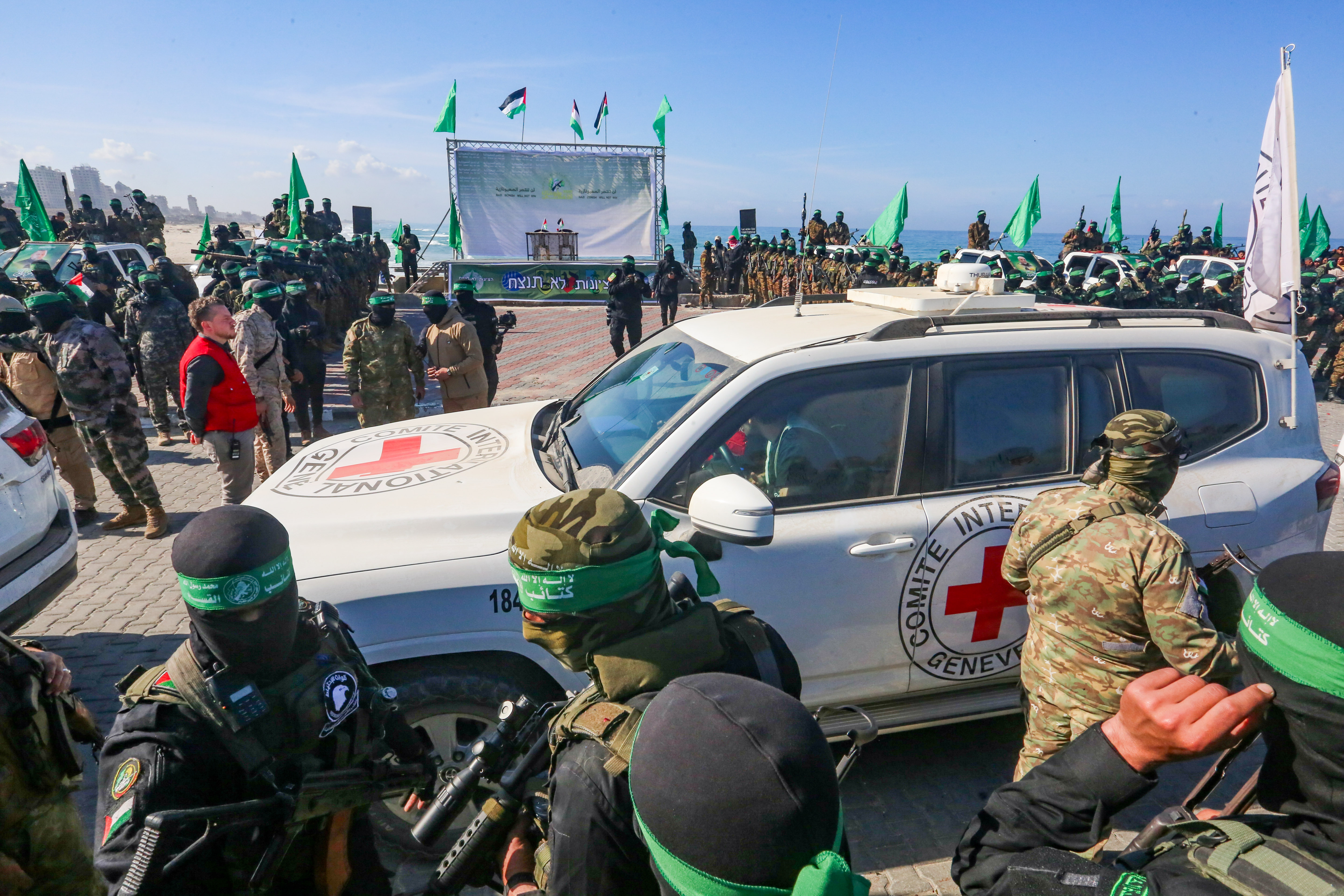 Al-Qassam Brigades hand over Israeli hostage Keith Siegel to the Red Cross, as part of the ceasefire agreement between Israel and Hamas, in Gaza City, February 1, 2025