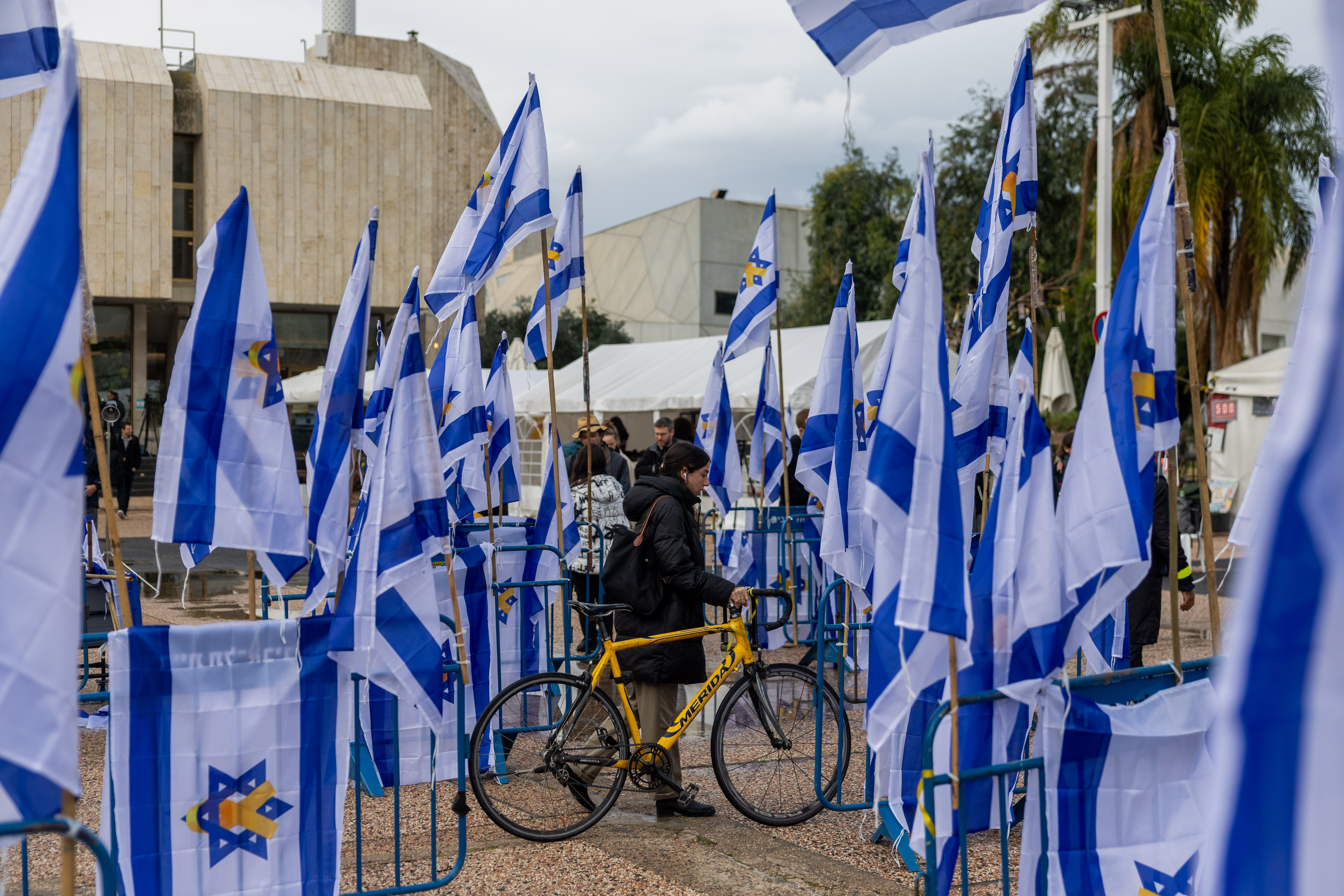 People seen at Hostage square in Tel Aviv, on the day of the release of the bodies of four Israeli hostages from Hamas captivity, February 20, 2025.