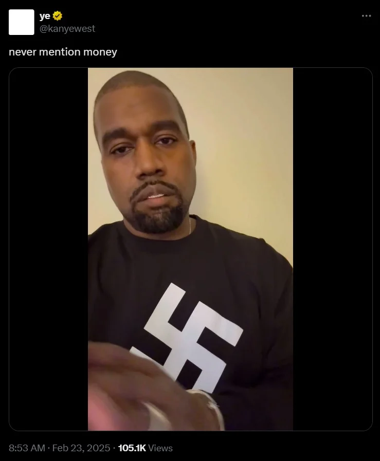 Kanye West posts on X wearing his swastika shirt