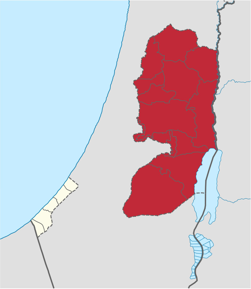 Judea and Samaria (red), otherwise known as the West Bank.