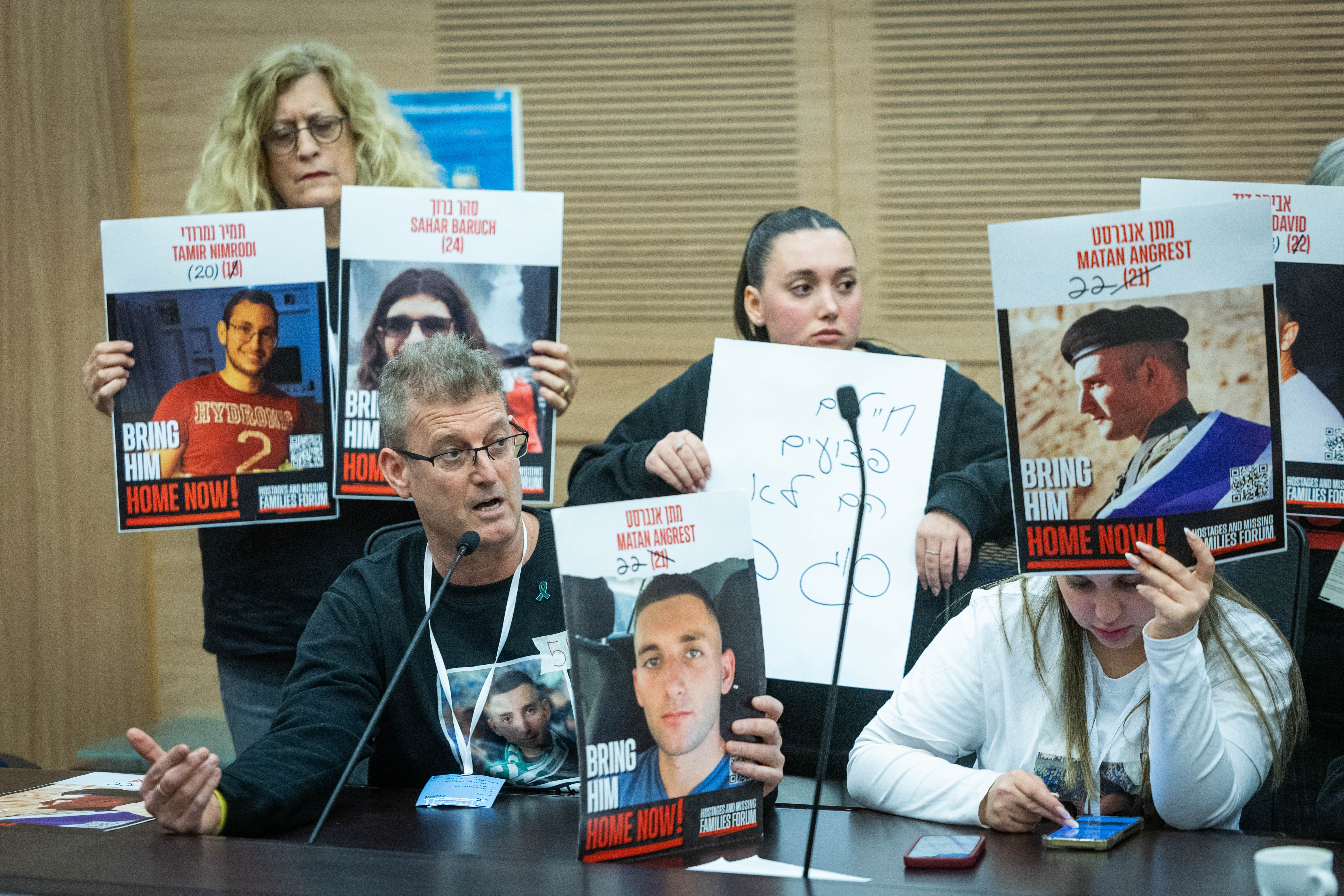 Hagai Angrest, the father of hostage Matan Angrest speaks during Economic Committee meeting at the Knesset, the Israeli Parliament in Jerusalem, on March 3, 2025