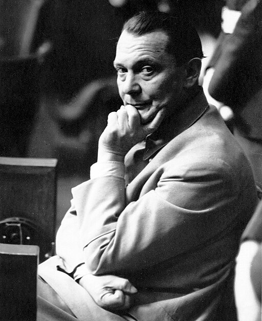 Defendant Hermann Goering in the prisoners' dock at the International Military Tribunal trial of war criminals at Nuremberg. Goering was the former head of the Luftwaffe and was at one time second in command to Hitler.