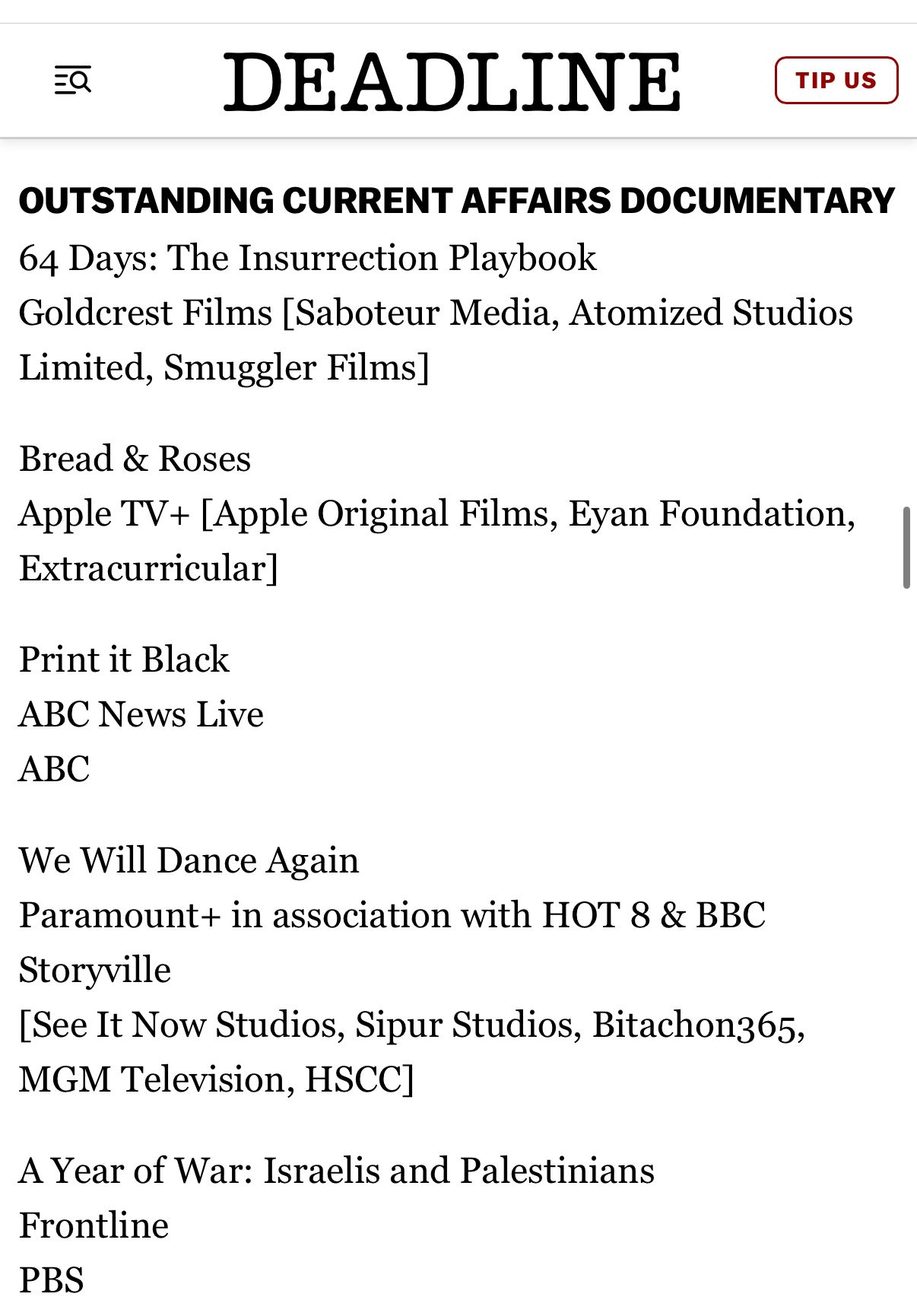 "We Will Dance Again" Nominated for Two American Emmy Awards