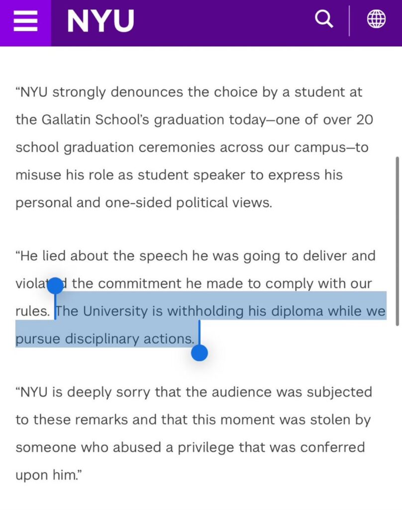Watch: NYU Student’s Shocking Anti-Israel Speech at Graduation Triggers Diploma Suspension