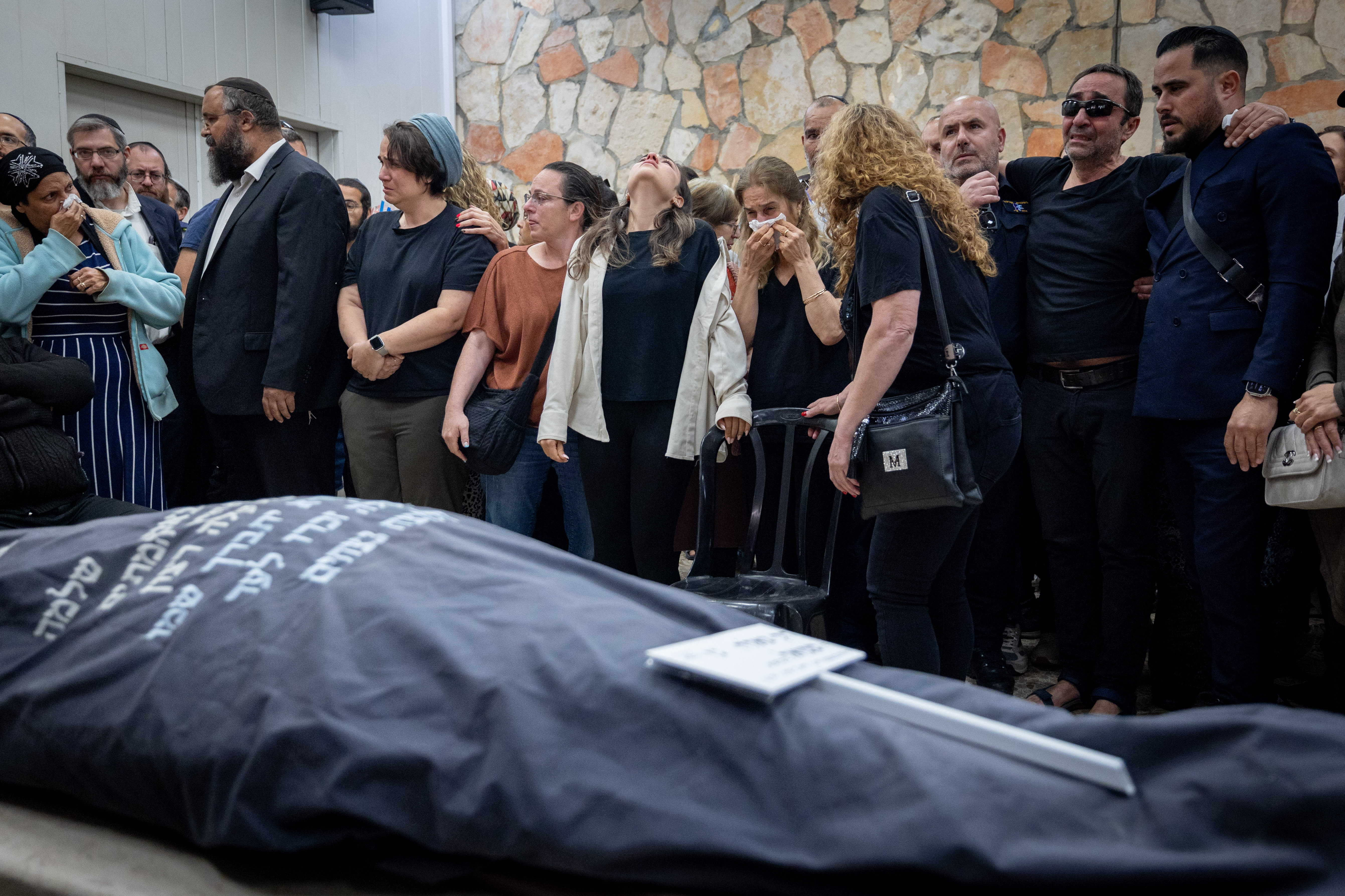 Family and friends attend the funeral of Tzeela Gez who were murdered in a terror shooting attack on Route 446 yesterday, at Har HaMenuchot Cemetery in Jerusalem, May 15, 2025. 