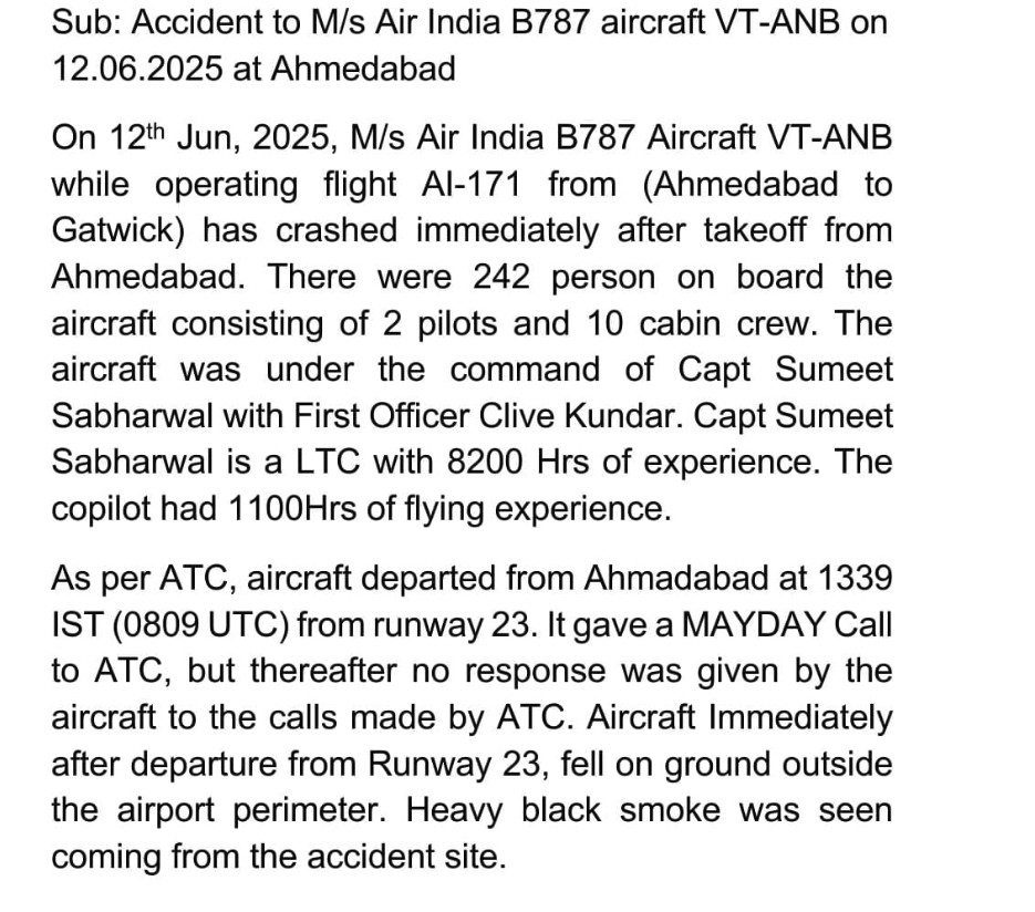 Statement from Civil Aviation Authority, India, 12 June 2025