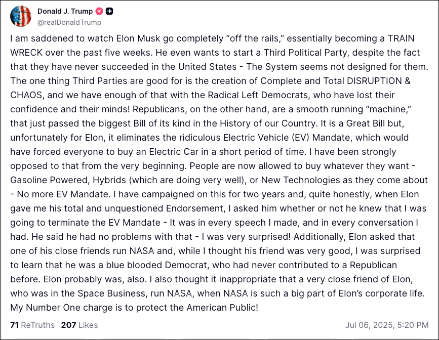 Trump Torches Musk: "I am Saddend to Watch Elon Musk Go Completely Off the Rails"