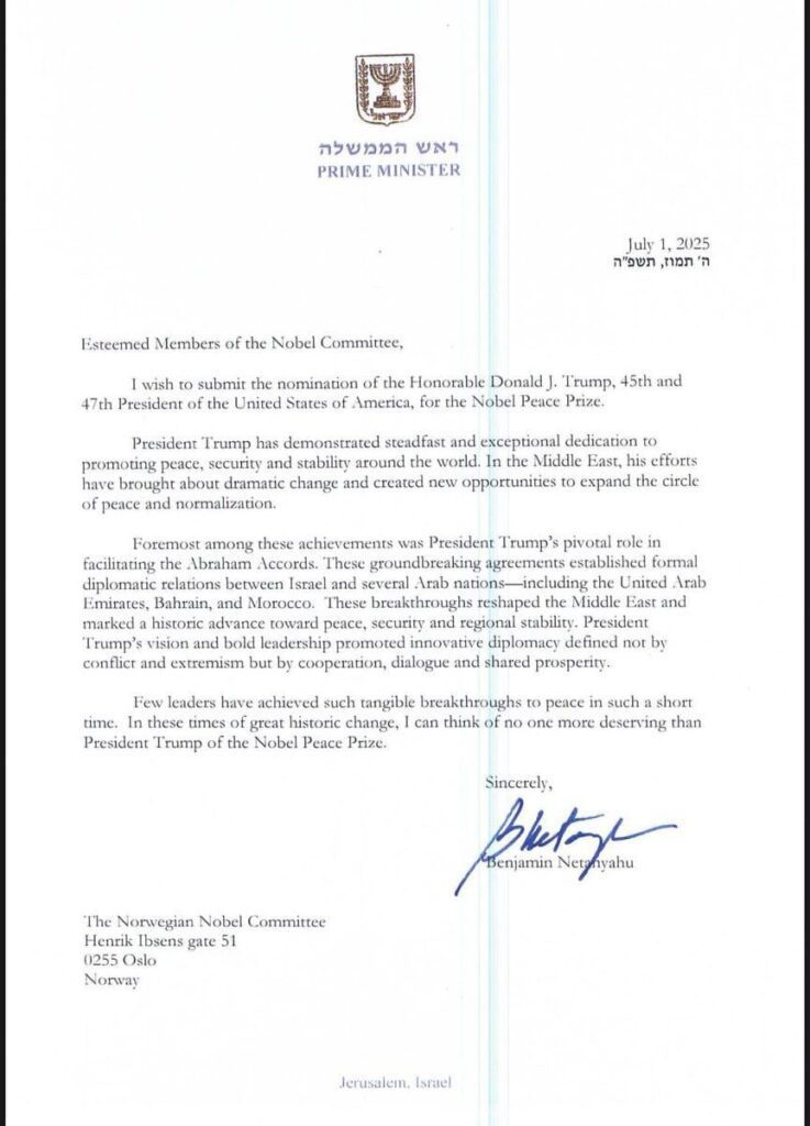 The letter from Netanyahu nominating Trump for the Nobel Peace Prize
