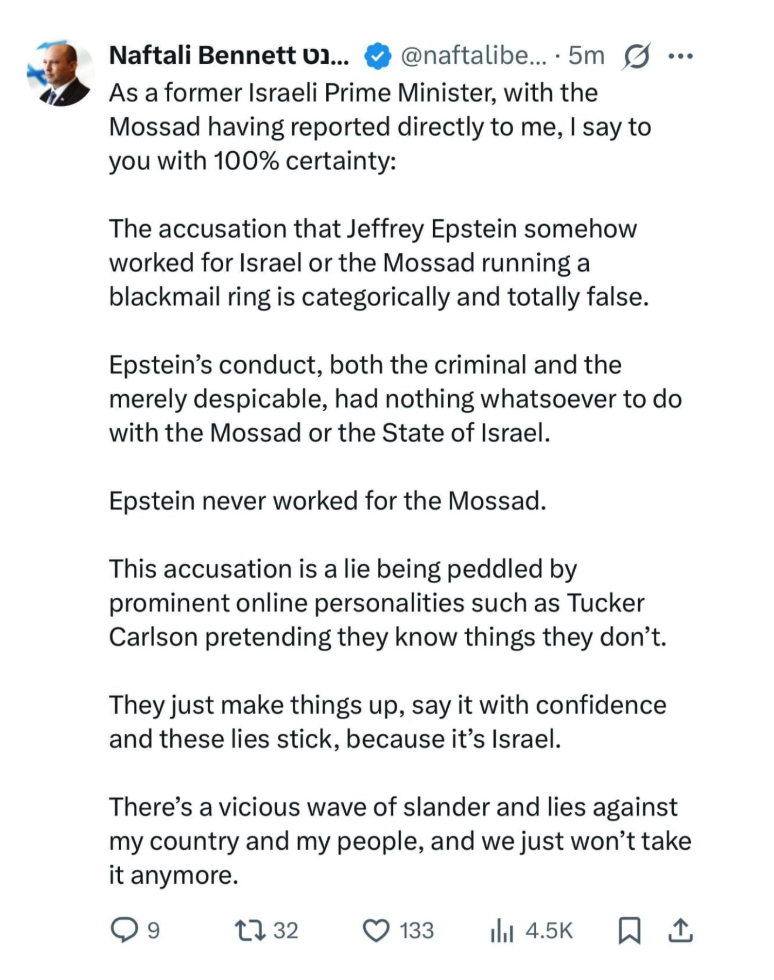 Former Israeli PM Slams Epstein-Mossad Conspiracy