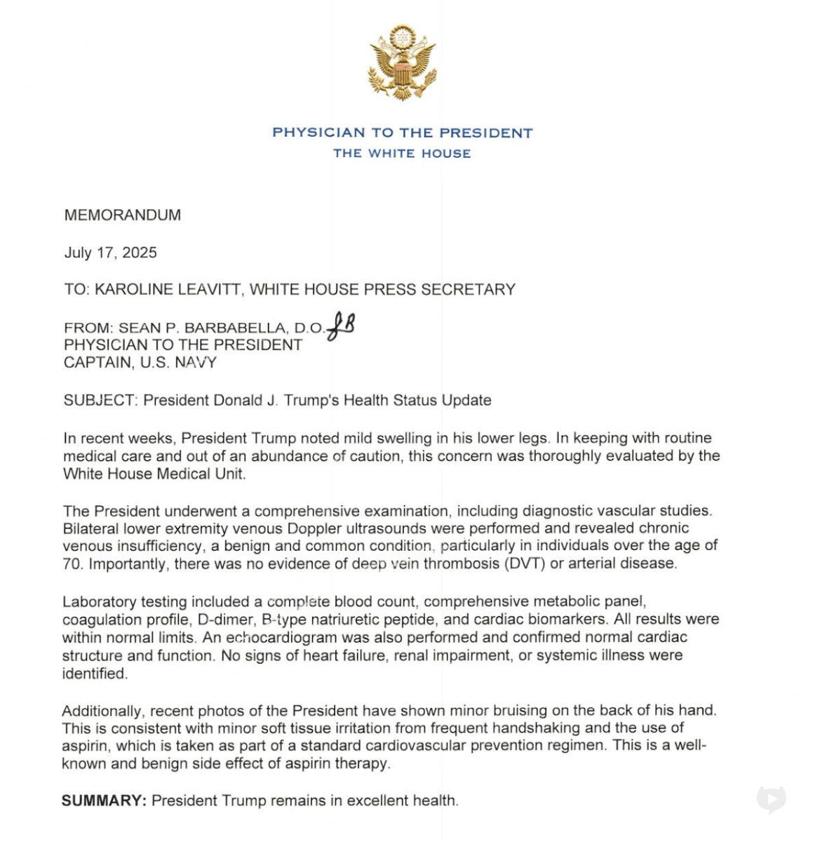 Letter to White House Press Secretary regarding Trump's health.