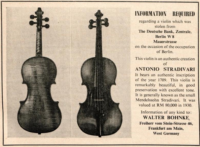 Newspaper ad from 1958 seeking information about the stolen violin