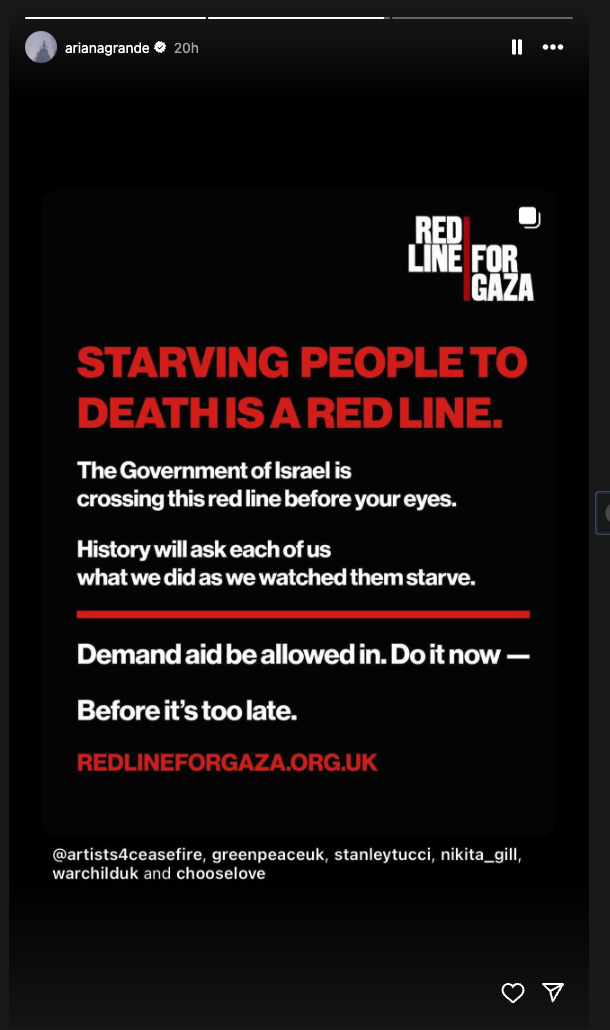 Ariana Grande Condemns Israel: "Starving People to Death Is a Red Line"