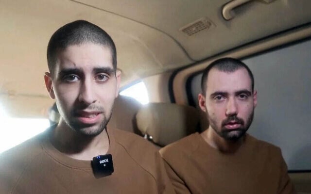 Hostages Evyatar David (left) and Guy Gilboa-Dalal speak in a Hamas propaganda video filmed at the site and time of the release ceremony in Gaza for three other captives, February 22, 2025