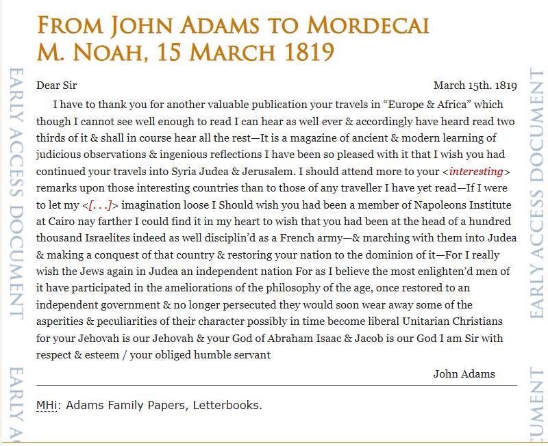 John Adams, Zionist Before Zionism