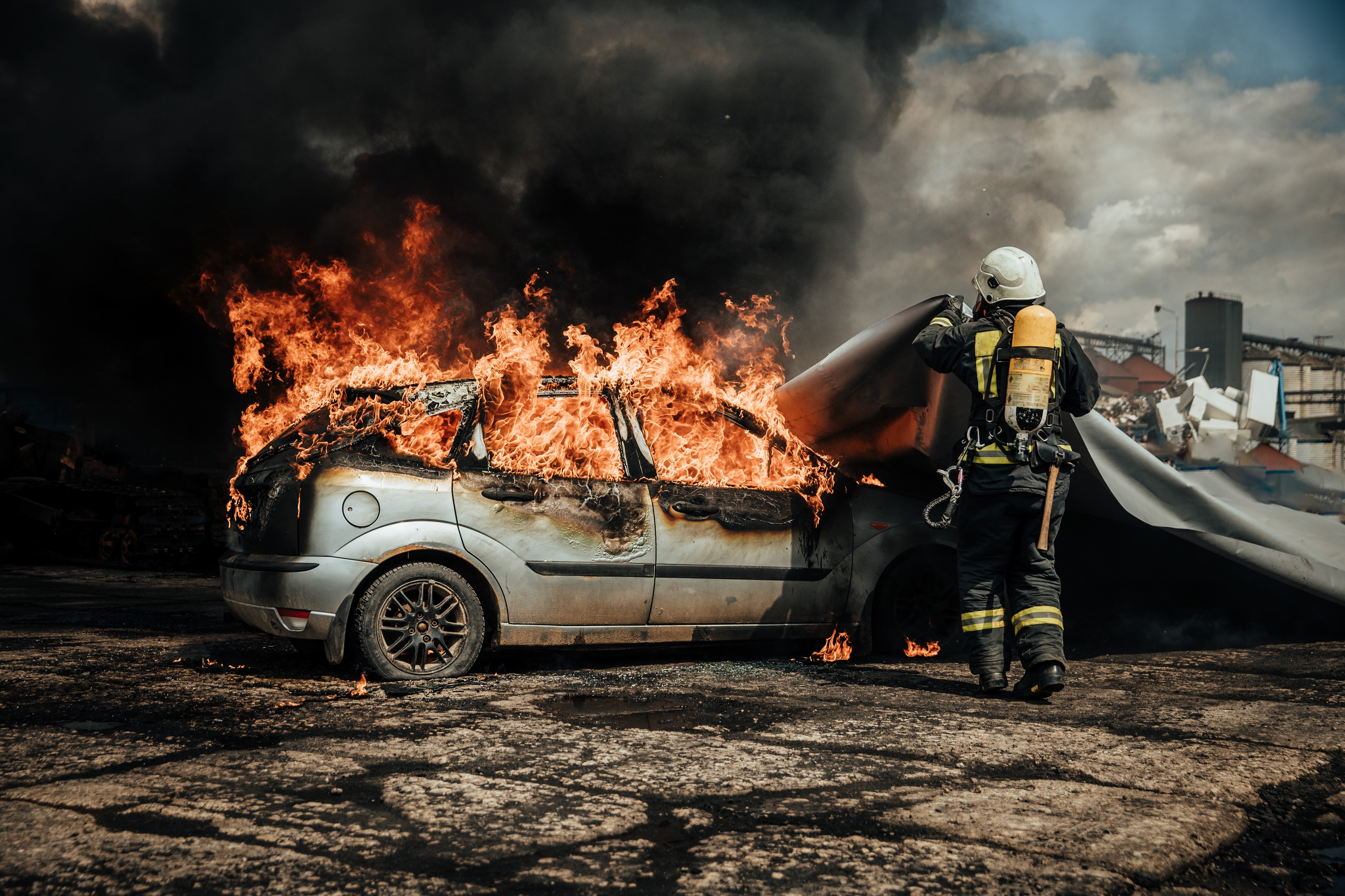 Car burning. Illustration.