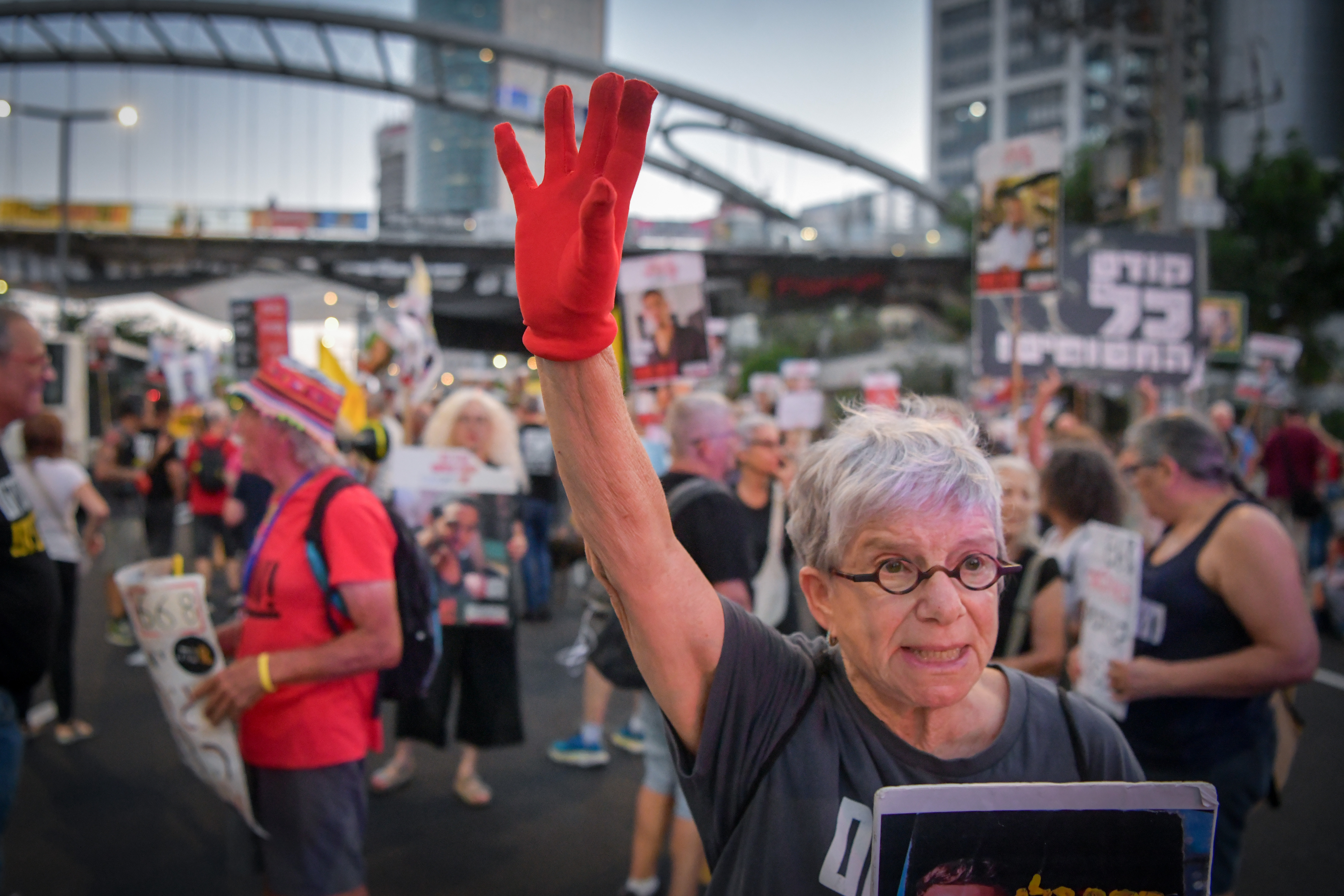 Israelis protest calling for the release of Israelis held kidnapped by Hamas terrorists in Gaza outside the Defense Ministry Headquarters in Tel Aviv, August 4, 2025. 