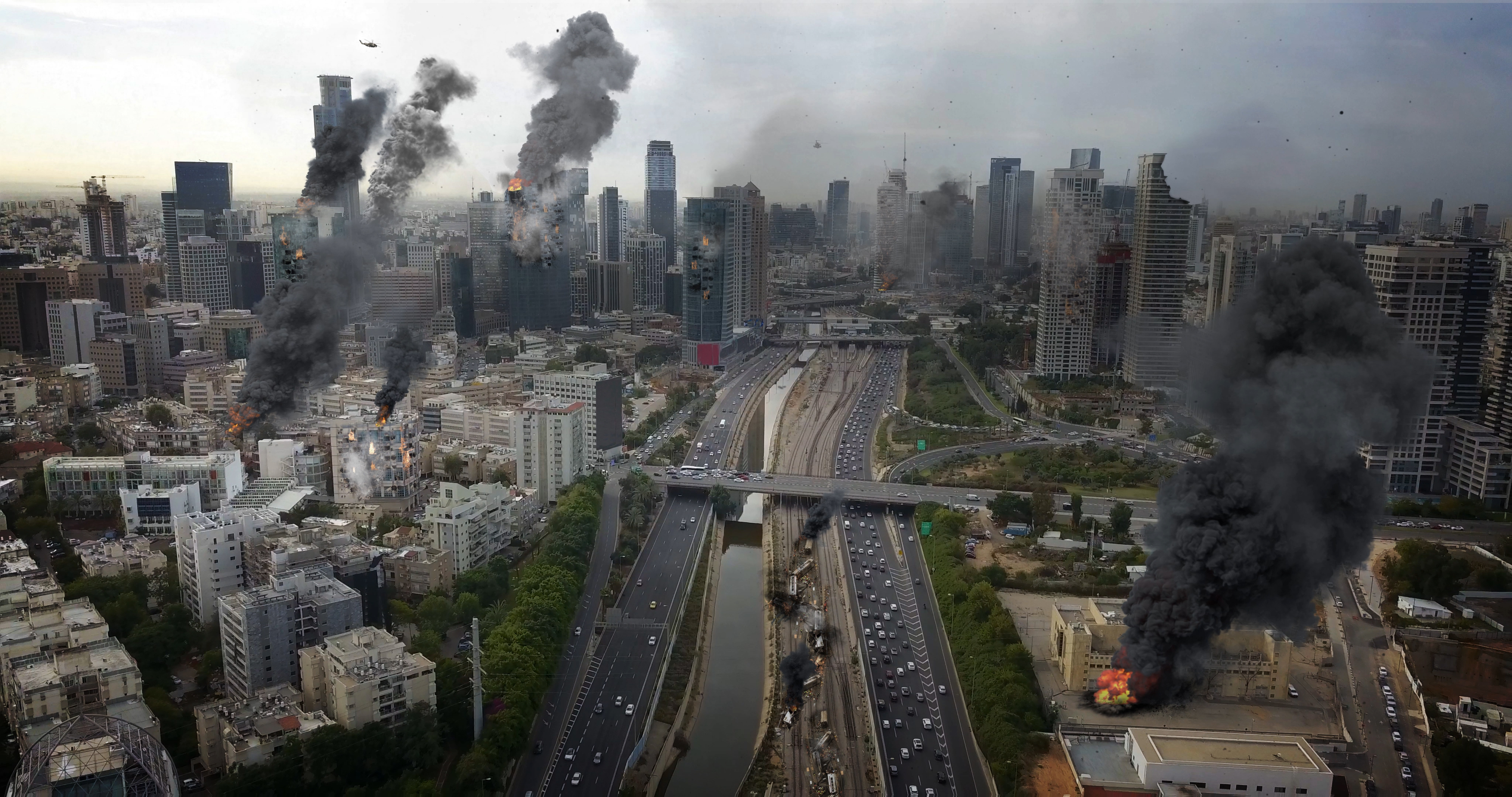 Tel Aviv City Under Iran attack in war aerial view 