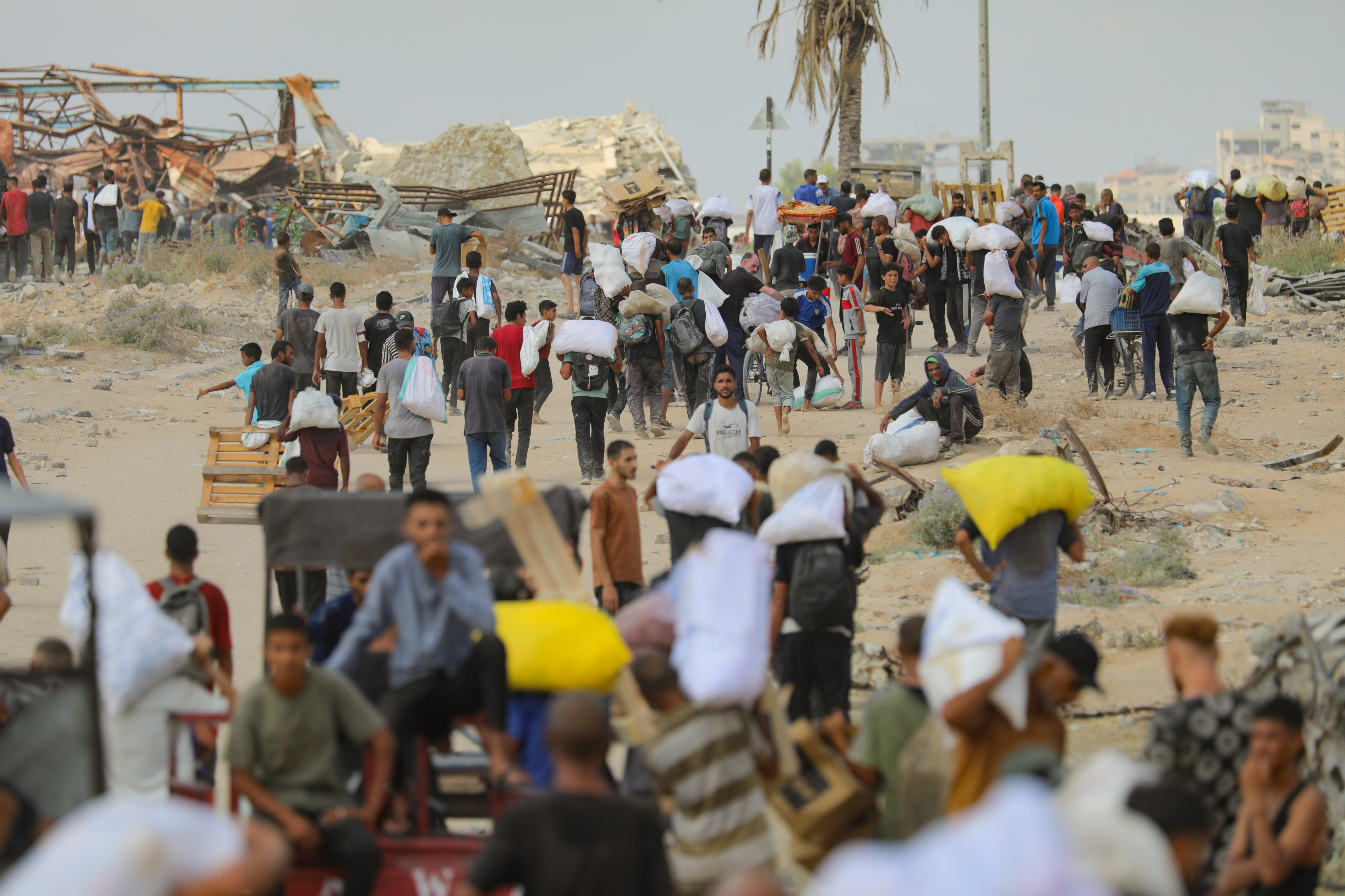Palestinians collecting food from aid distribution