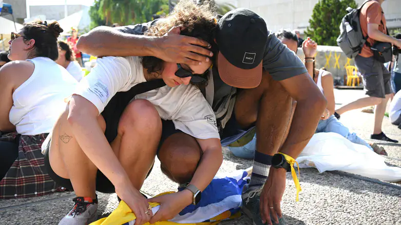 Civilians crouching for cover amid air raid siren
