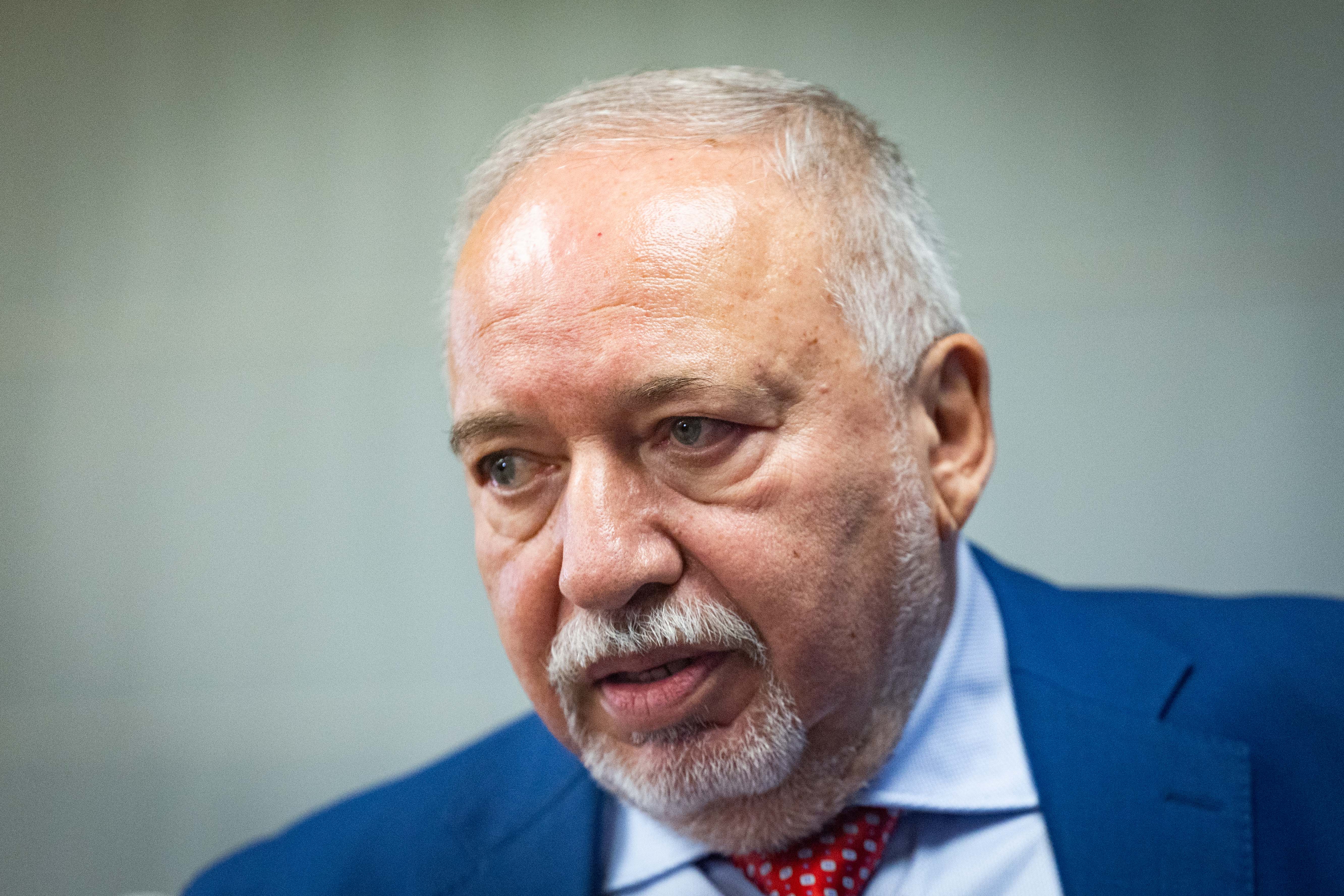 Yisrael Beiteinu party chairman MK Avigdor Lieberman leads a faction meeting at the Knesset, the Israeli parliament in Jerusalem, on July 14, 2025. 