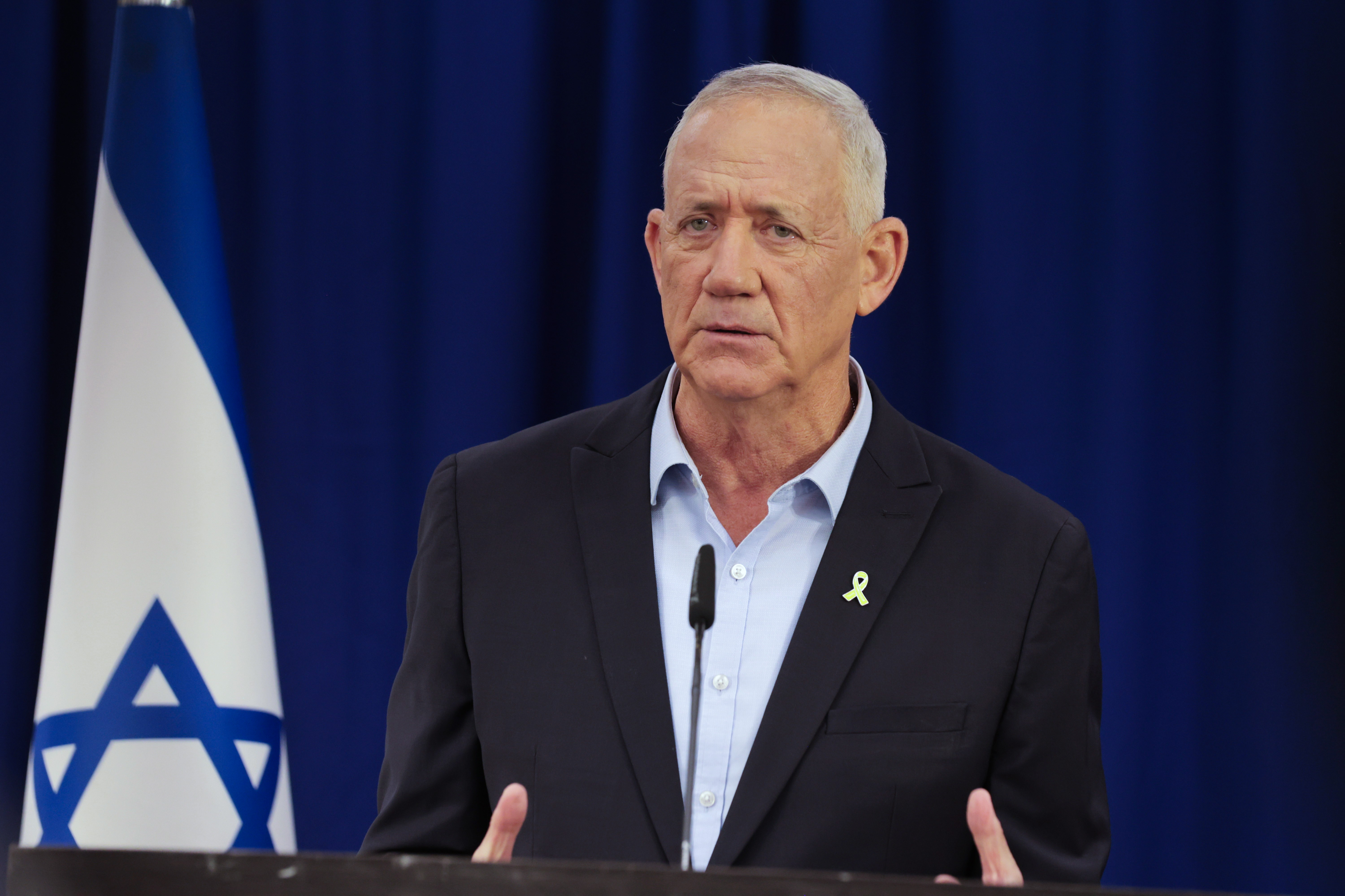 Benny Gantz speaks during press conference in Tel Aviv on August 23, 2025. 