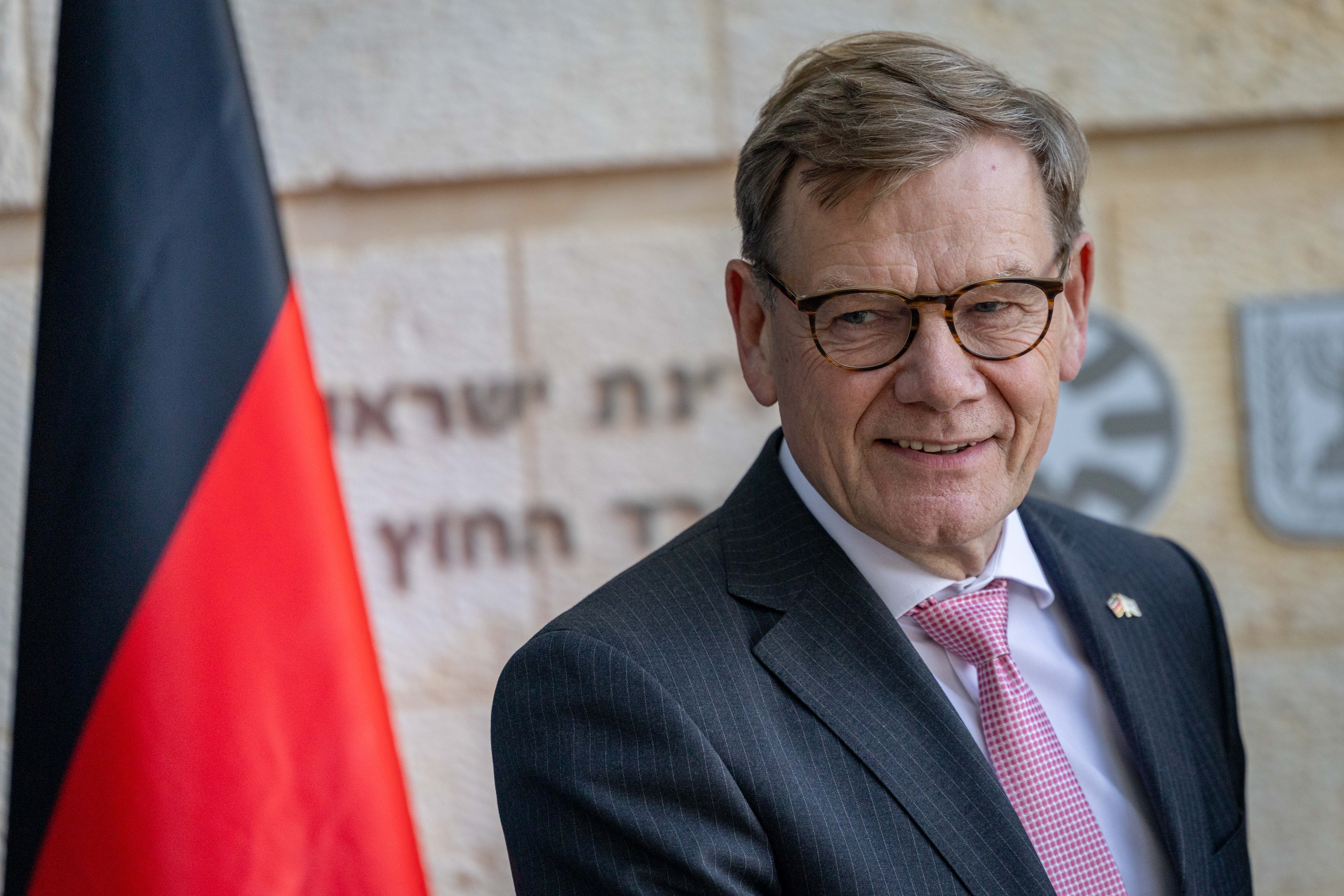 Israel's Foreign Minister Gideon Sa'ar welcomes his German counterpart Johann Wadephul at the Ministry of Foreign Affairs in Jerusalem on July 31, 2025. 