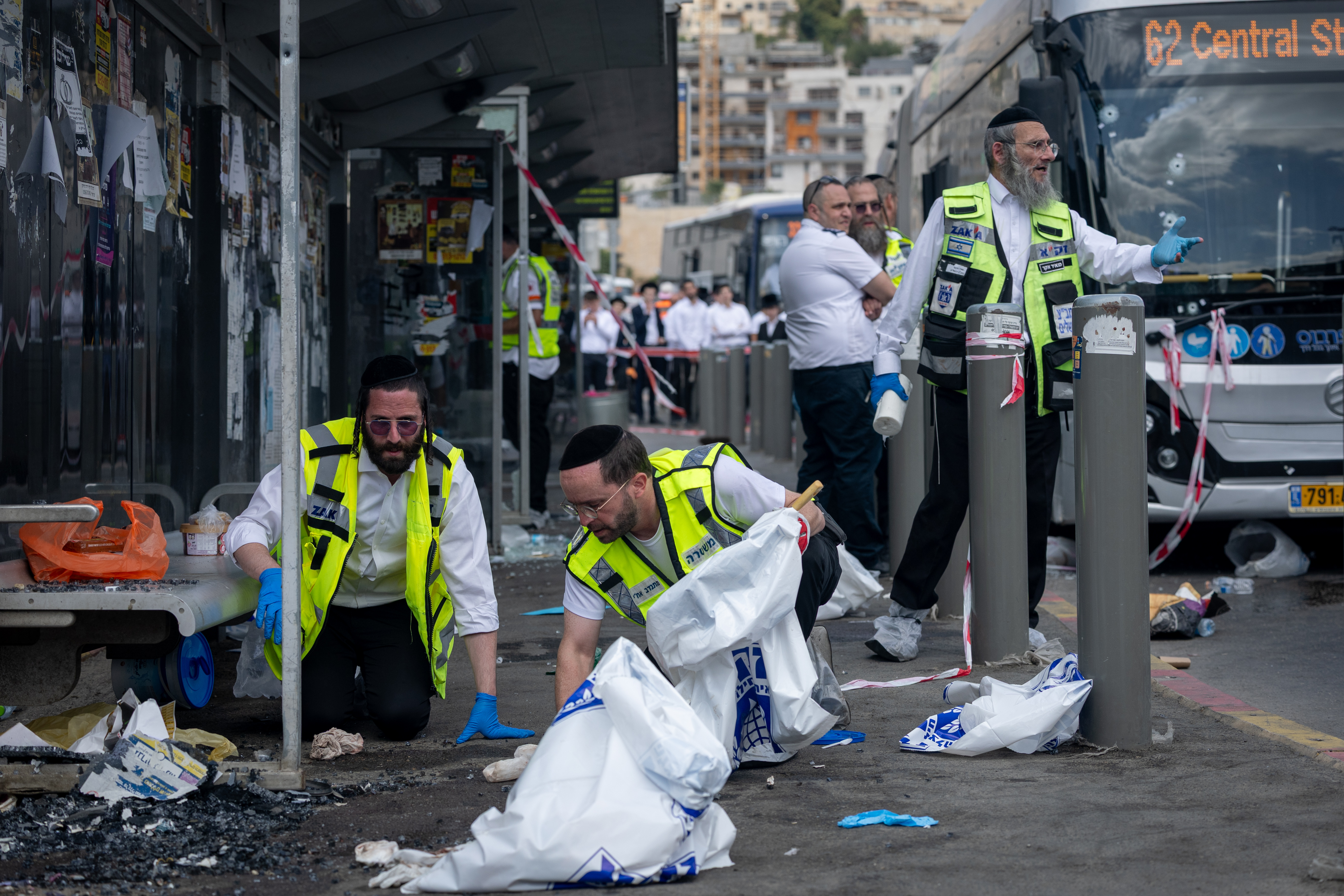 Police and rescue personnel at the scene of a terror attack at Ramot junction, near the entrance to Jerusalem, September 8, 2025.