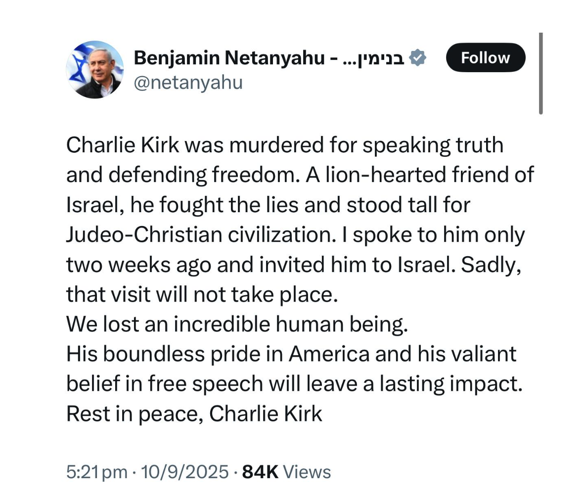 Netanyahu: "Charlie Kirk was a warrior with the heart of a lion"