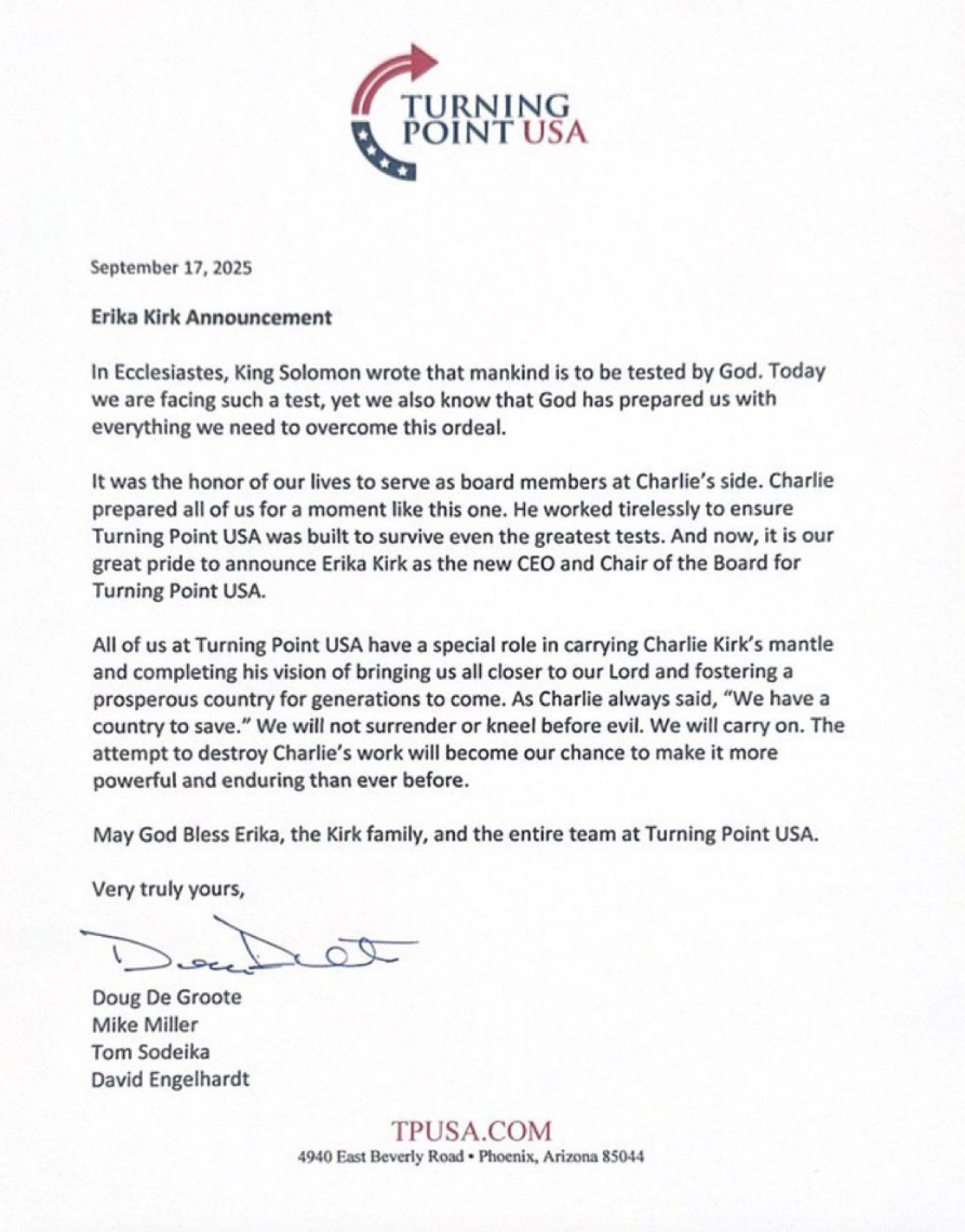 Erika Kirk Appointed Turning Point USA CEO Following Husband's Murder