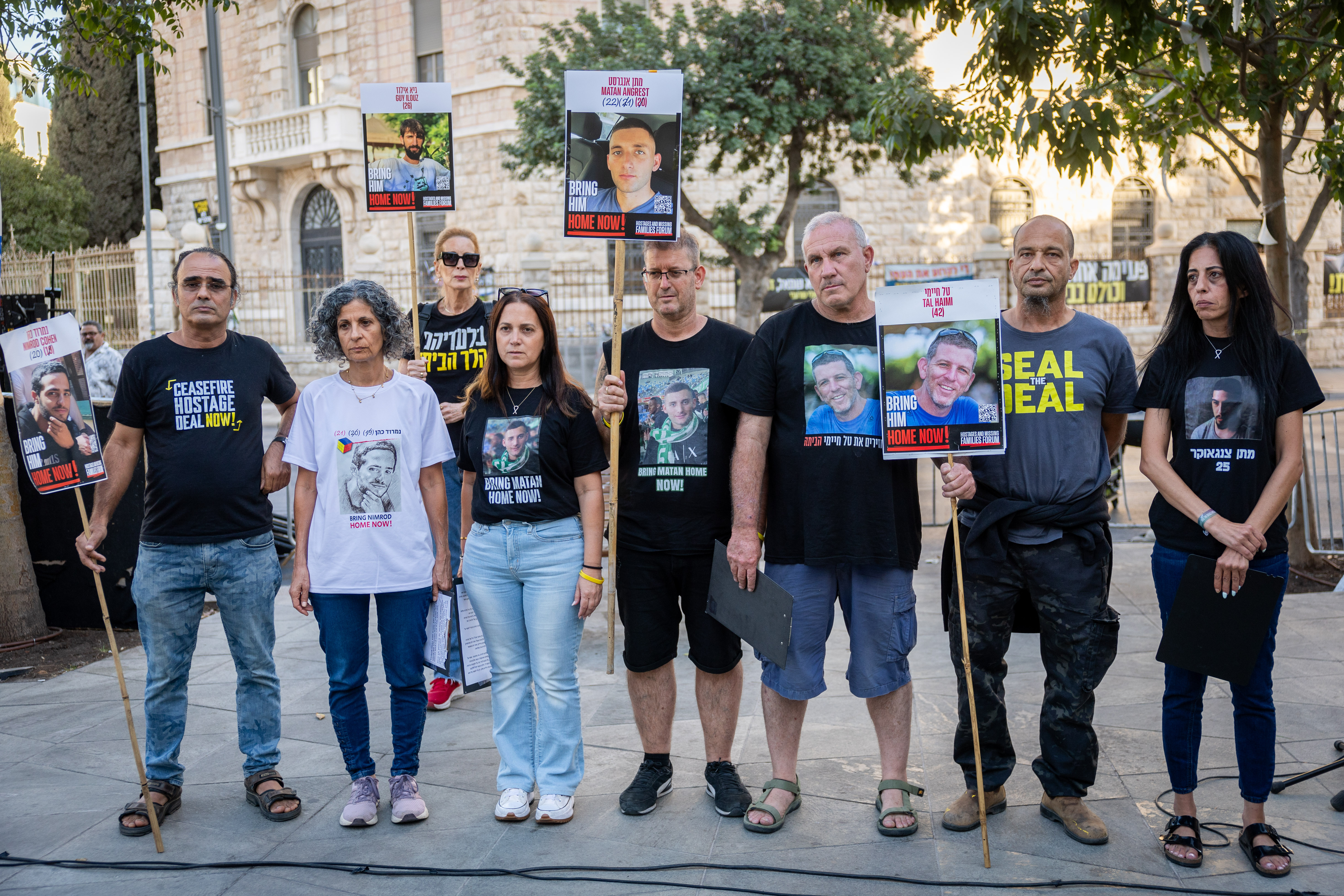 Families of Israelis held hostage in Gaza hold a press conference in near the Prime Minister's residence in Jerusalem, September 20, 2025. 