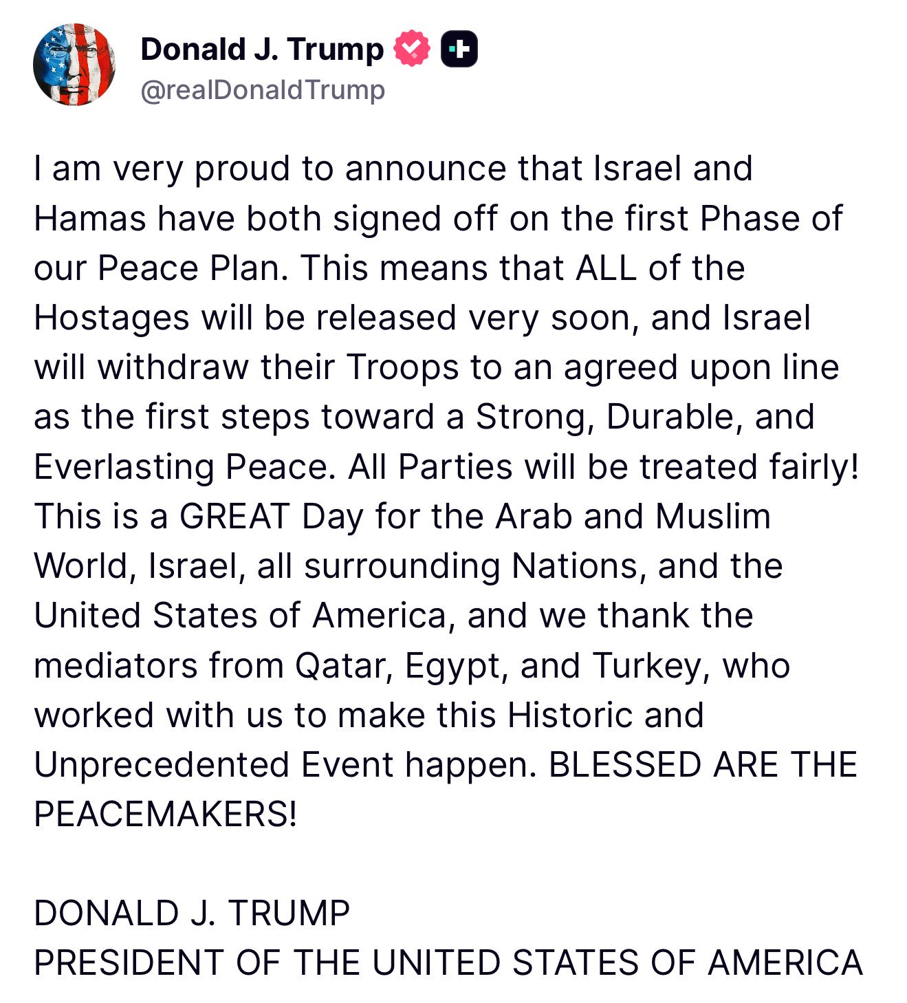Trump: Israel and Hamas Signed the Hostage Deal
