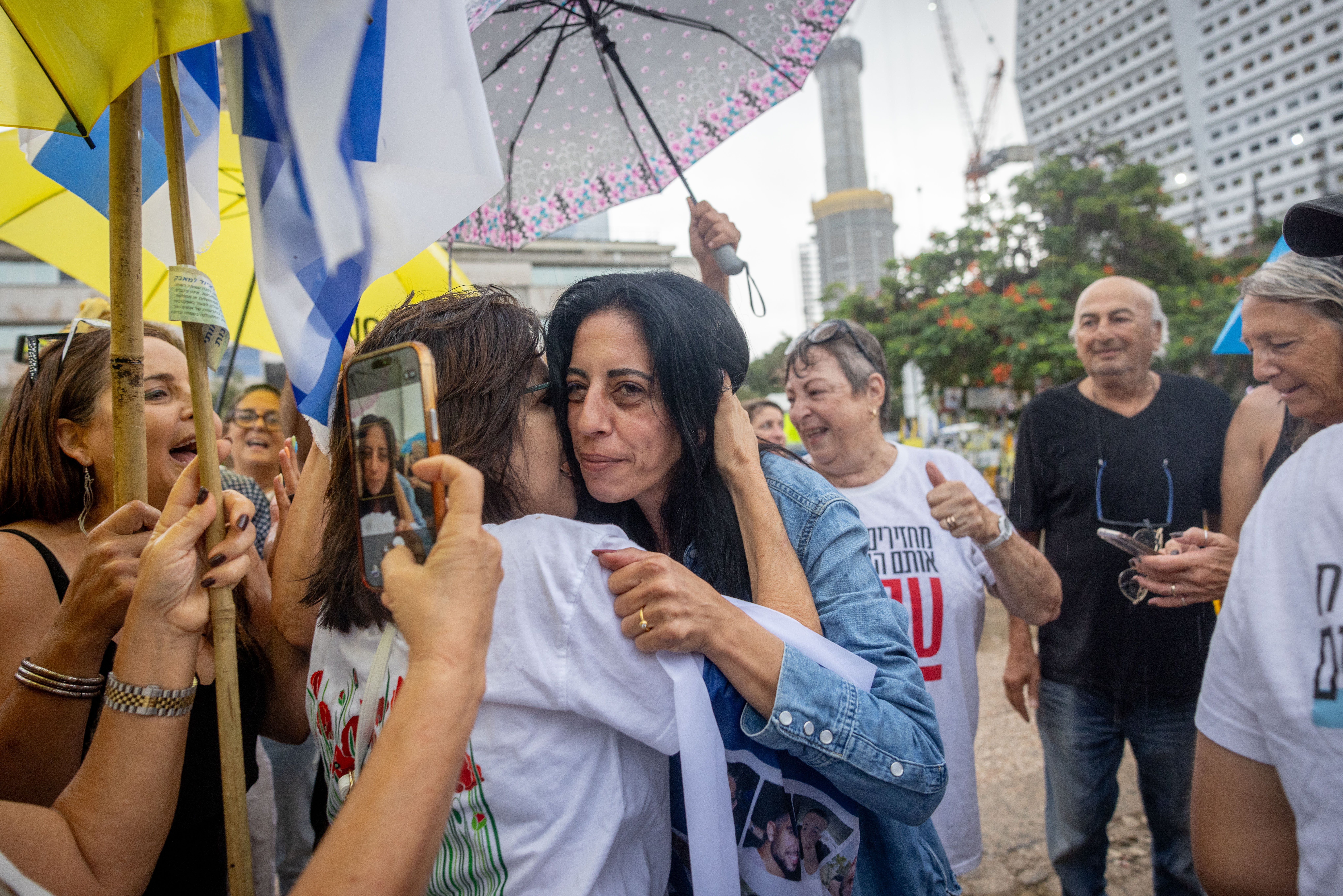 Einav Tsengauker at Hostage Square in Tel Aviv as a hostage release is announced. October 09, 2025. 