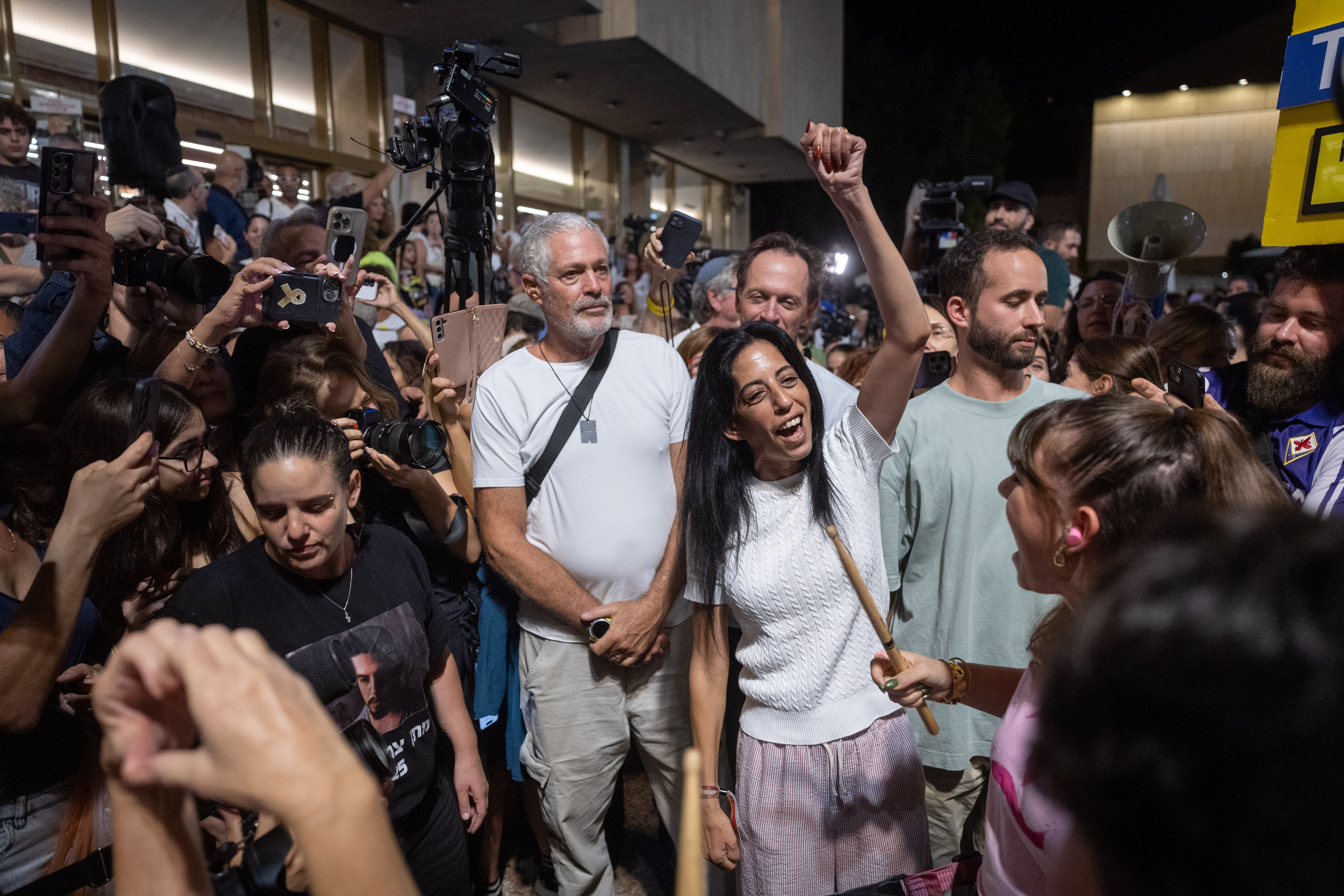 Einav Zangauker at celebrations at Hostage Square in Tel Aviv as negotiators sign deal freeing all hostages from Gaza, October 09, 2025.