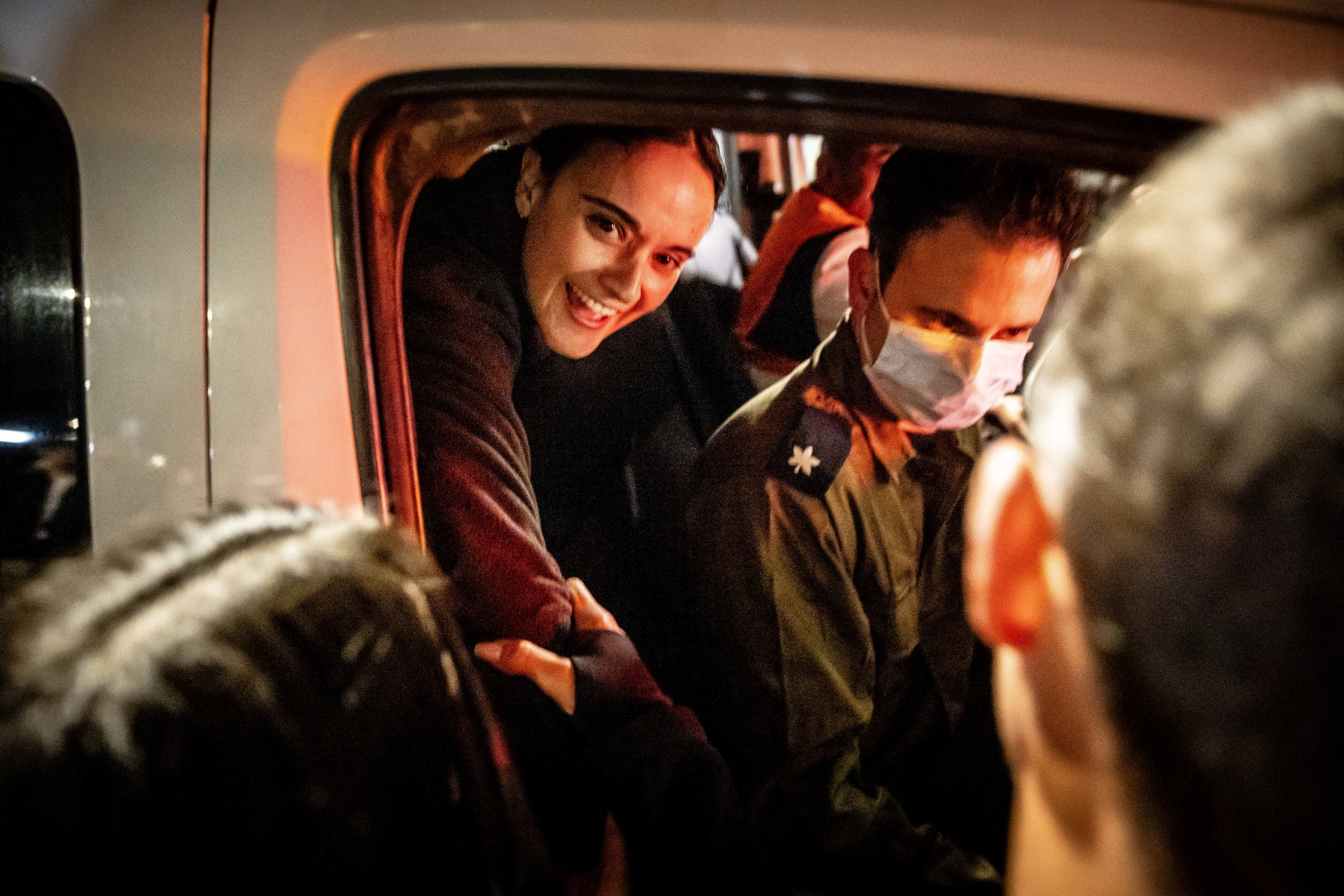 Released hostage Emily Damari arrives at Tel haSHomer medical center, January 19, 2025.