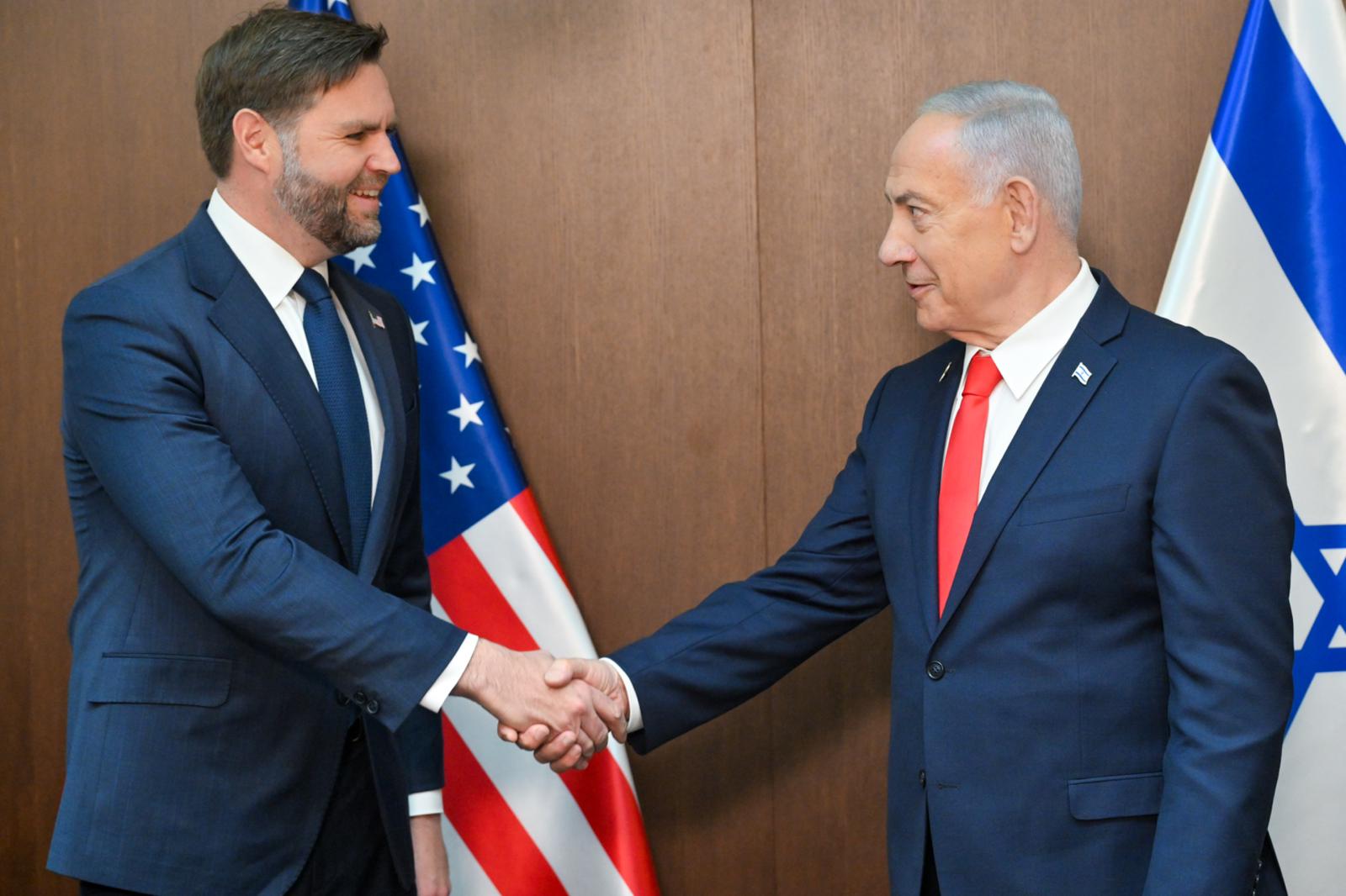 US Vice President JD Vance shakes hands with President Benjamin Netanyahu