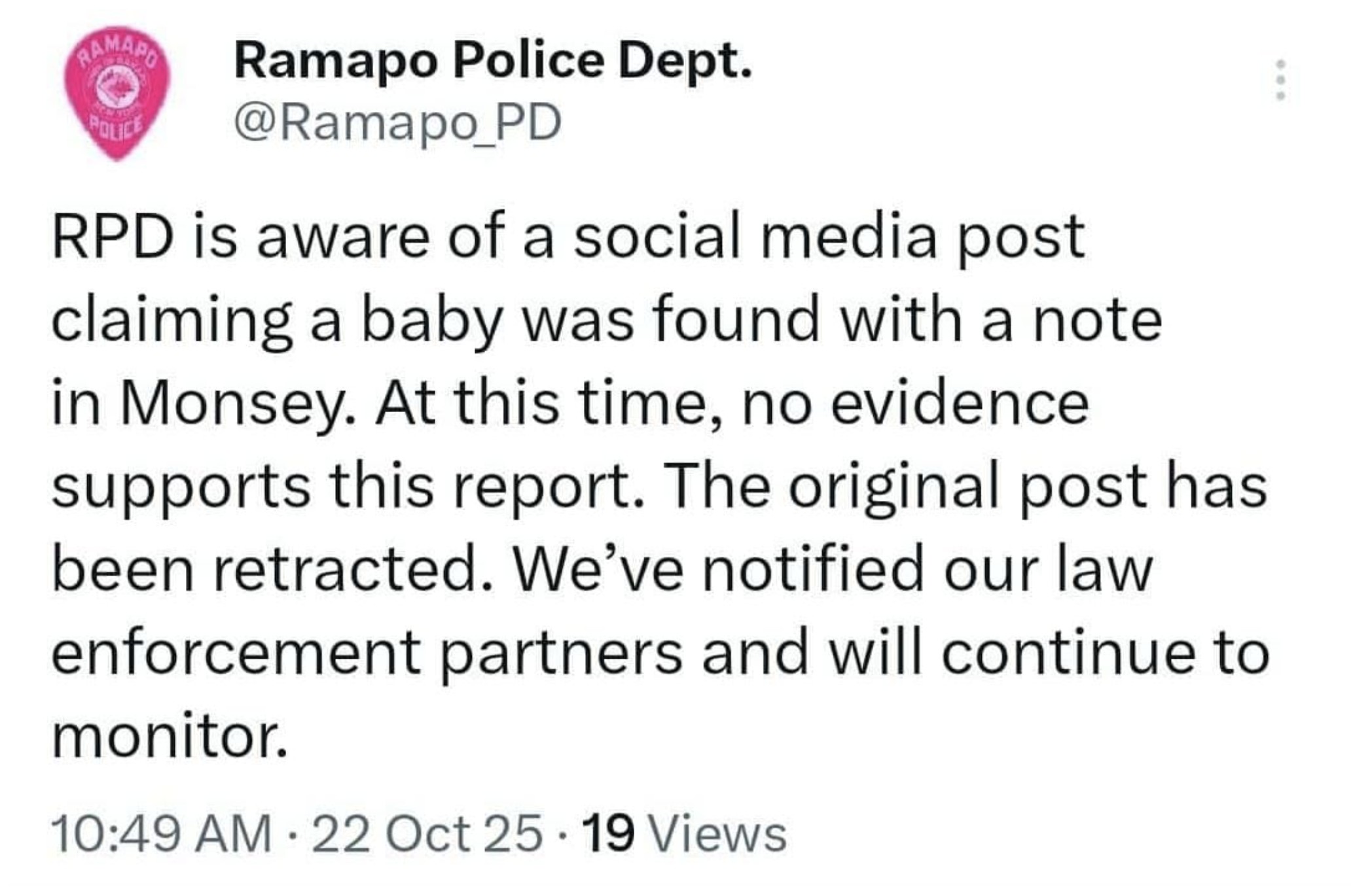 UPDATE: Newborn Baby Girl Not Abandoned in Monsey 